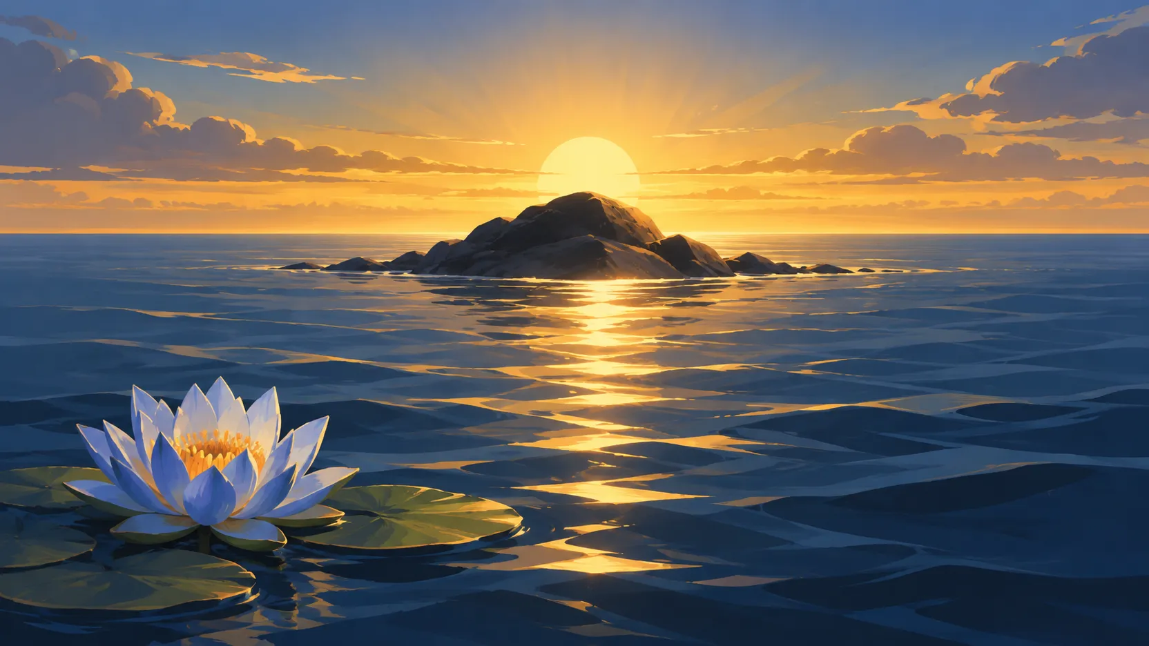 A blue lotus floats on primeval waters as the sun rises behind the first mound.
