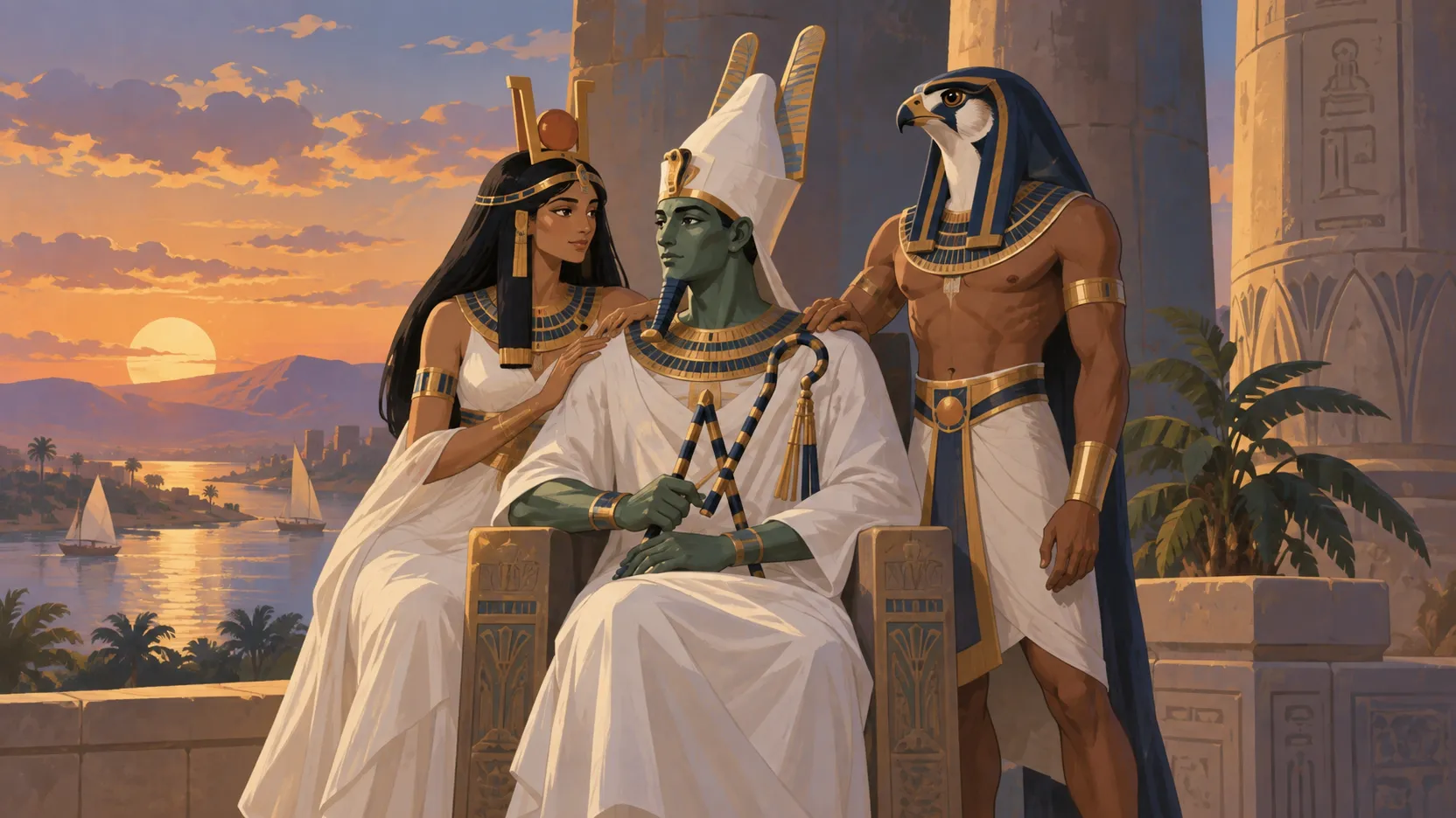 Isis and falcon-headed Horus stand beside Osiris on his throne overlooking the Nile.