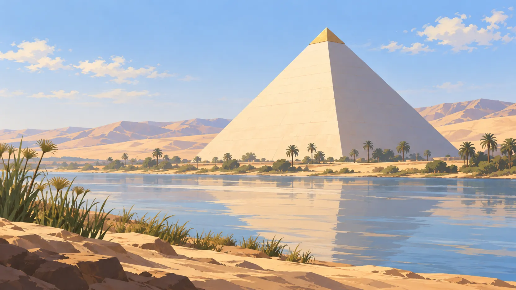A pristine white limestone pyramid overlooking the Nile, palms and sandy banks in morning light