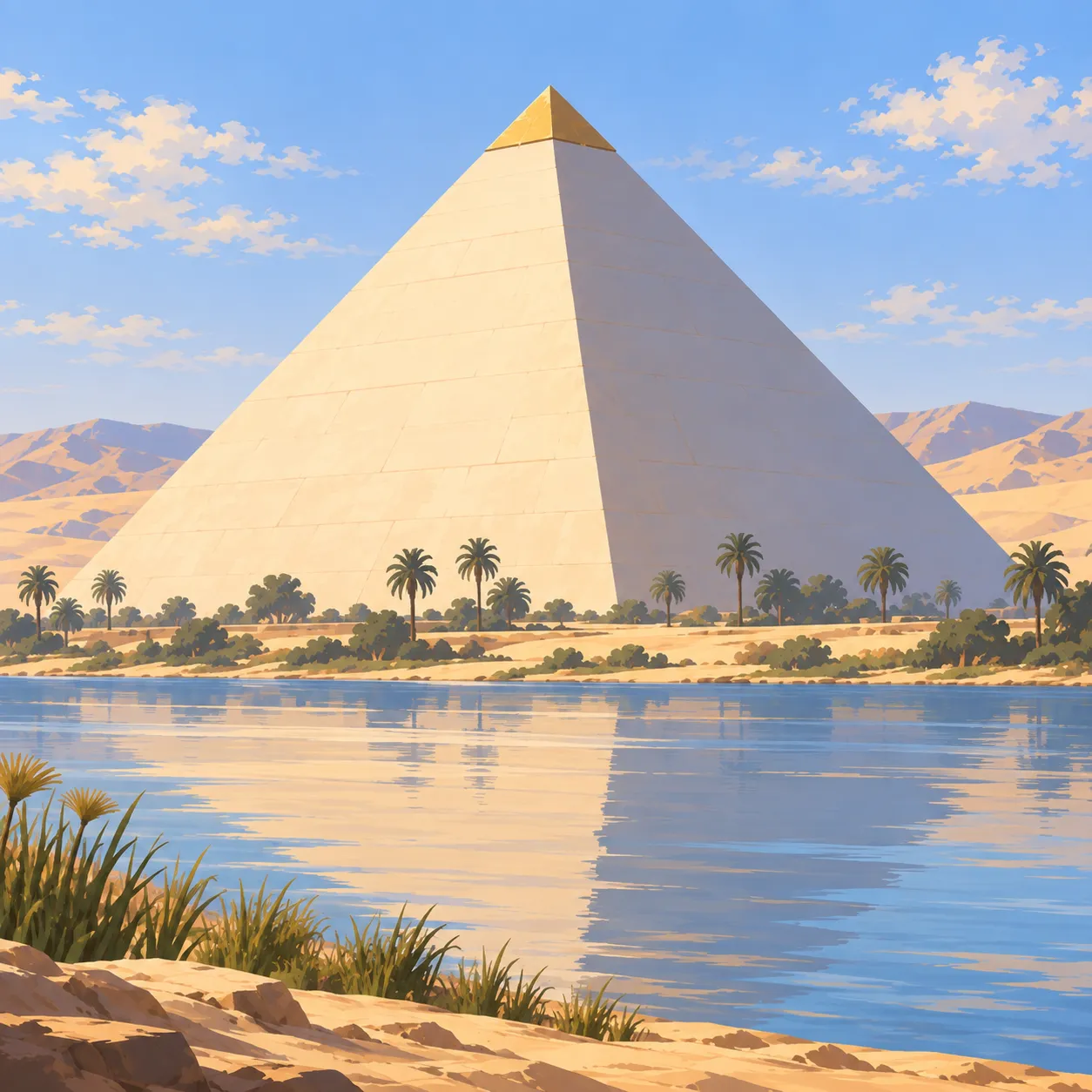 A pristine white limestone pyramid with a golden tip beside the Nile in morning light