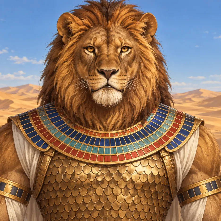 Aker as a humanoid lion wearing a multicolored broad collar, gold scale armor and white linen.