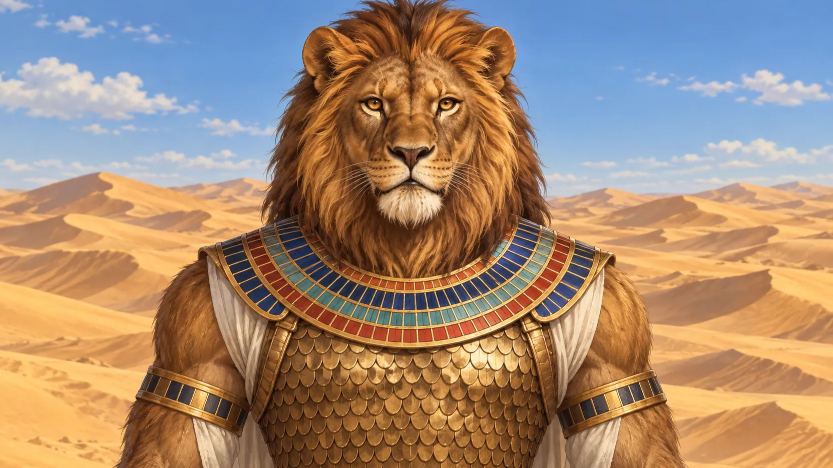 Aker as a humanoid lion in a multicolored collar and gold scale armor before sunlit desert dunes.