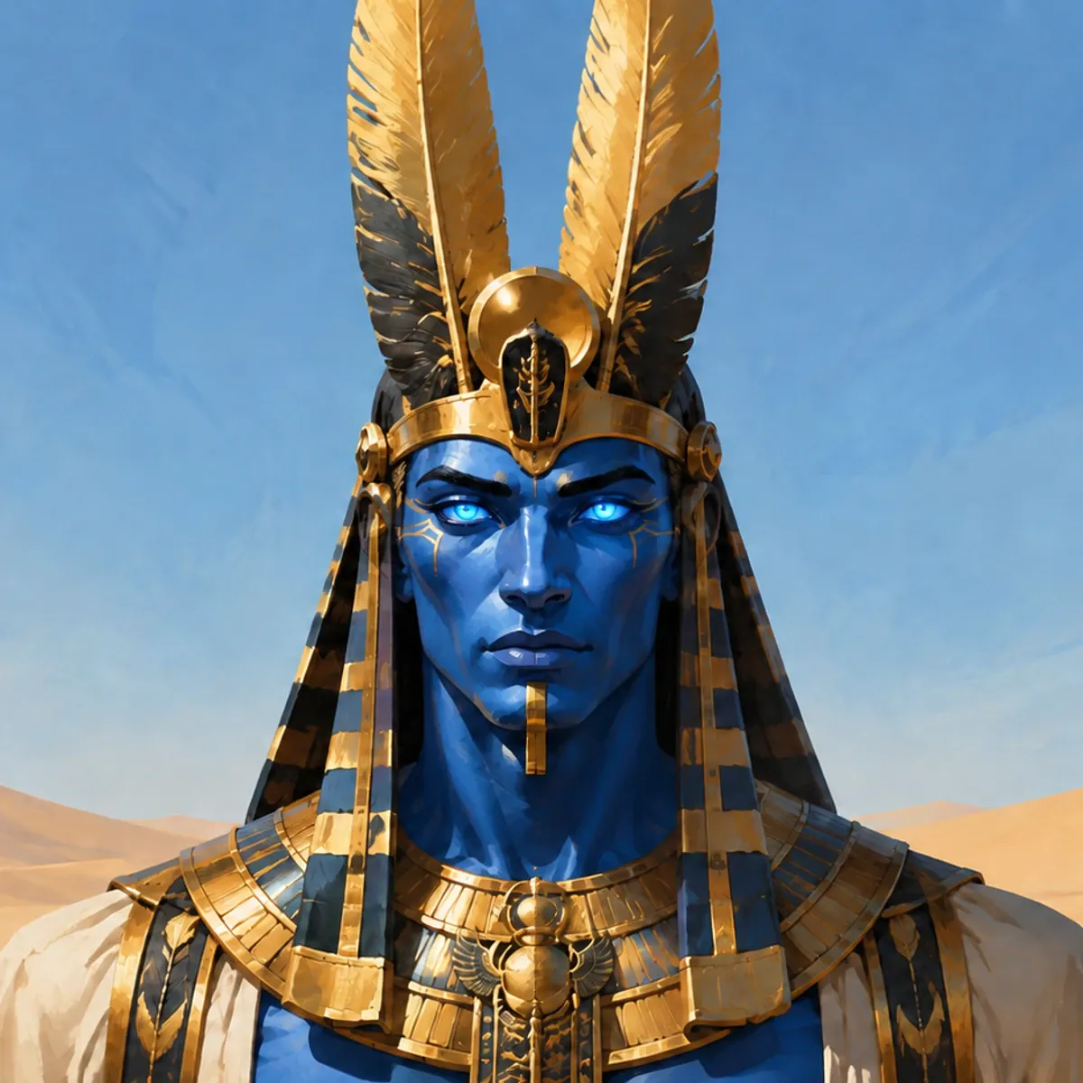 Amun faces forward with vivid blue skin, glowing blue eyes, and two tall gold-and-black feathers above a blue-and-gold headdress, with sunlit desert dunes behind him.