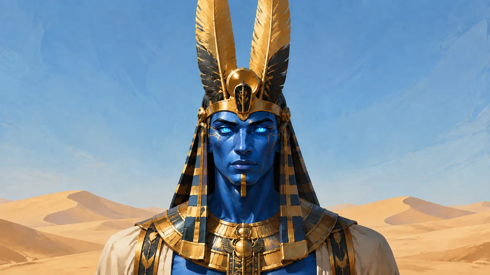 Amun faces forward with vivid blue skin and glowing blue eyes beneath two tall gold-and-black feathers in a wide landscape of sunlit desert dunes.