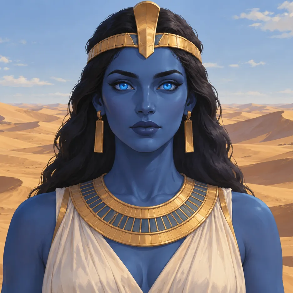 Blue-skinned Amunet with bright blue eyes, dark hair and gold adornments before sunlit desert dunes.