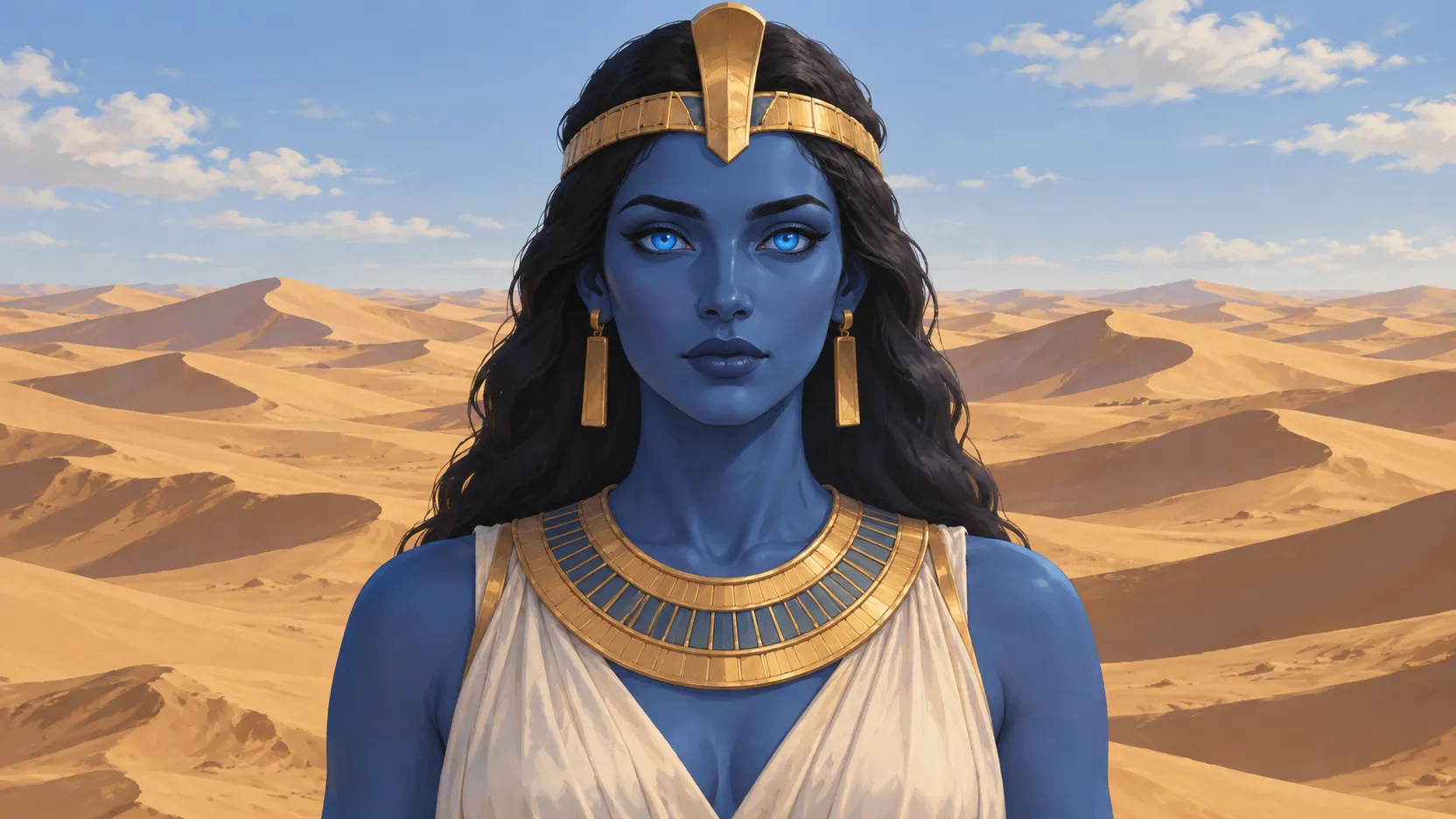 Amunet with blue skin and luminous blue eyes, framed by rolling desert dunes beneath a lightly clouded sky.