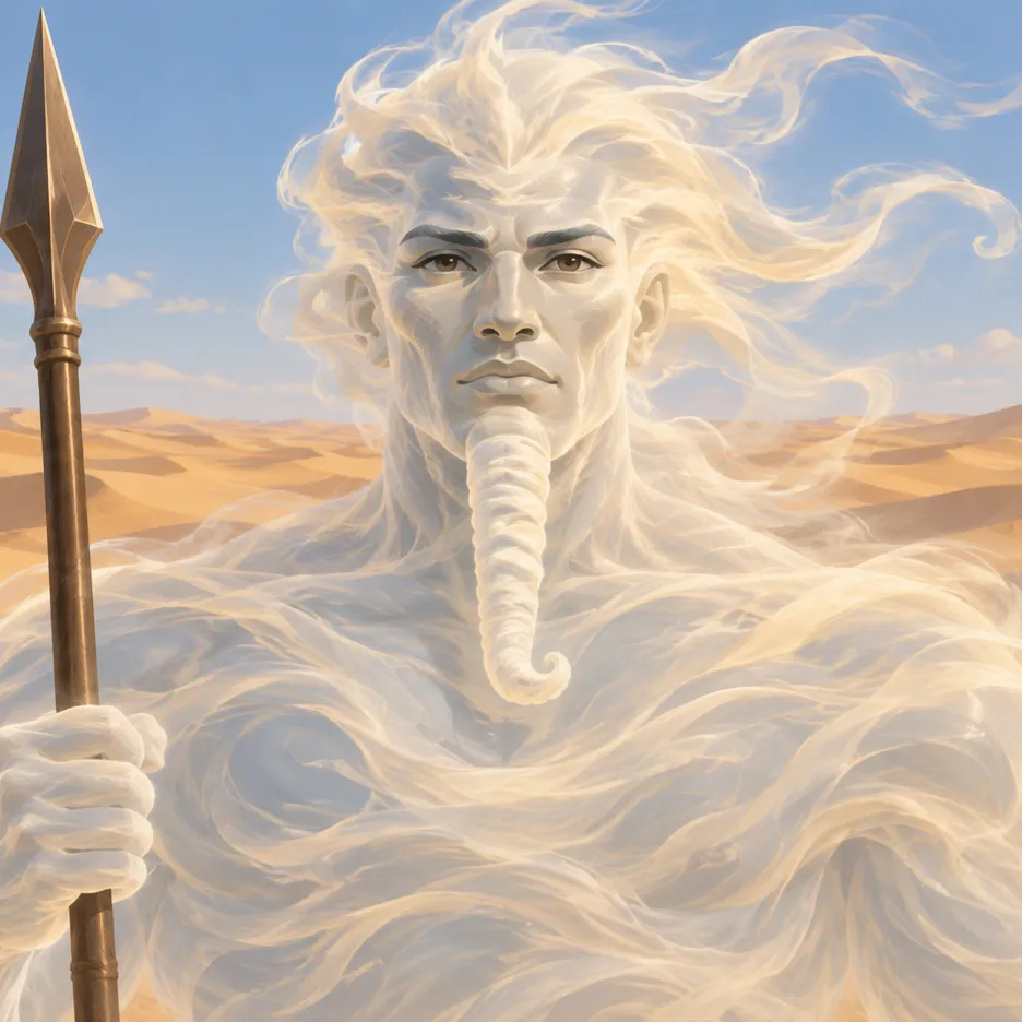 Anhur formed from pale flowing wind, with a curled divine beard and a spear before sunlit dunes.