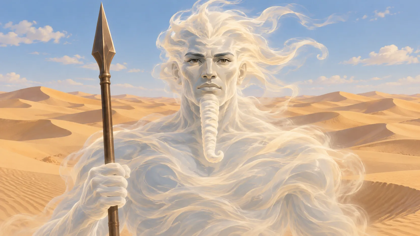 Wind-formed Anhur holding a spear amid rolling desert dunes beneath a lightly clouded blue sky.