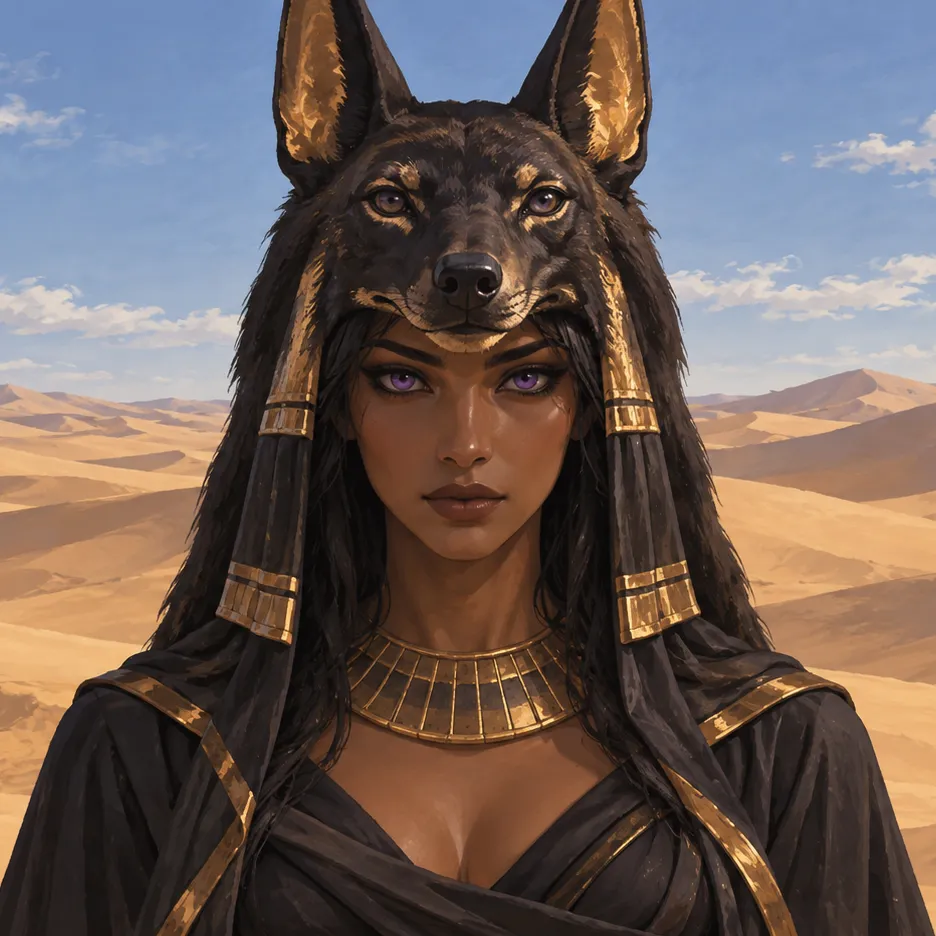 Anput with violet eyes, a jackal-head headdress and dark clothing before sunlit desert dunes.