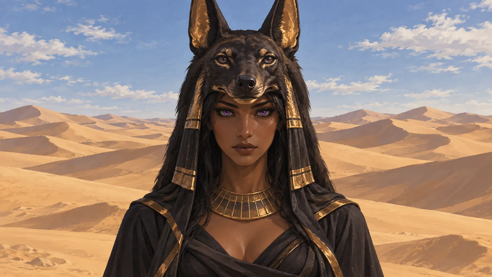 Anput wearing a jackal-head headdress and dark clothing, centered against wide desert dunes beneath a blue sky.
