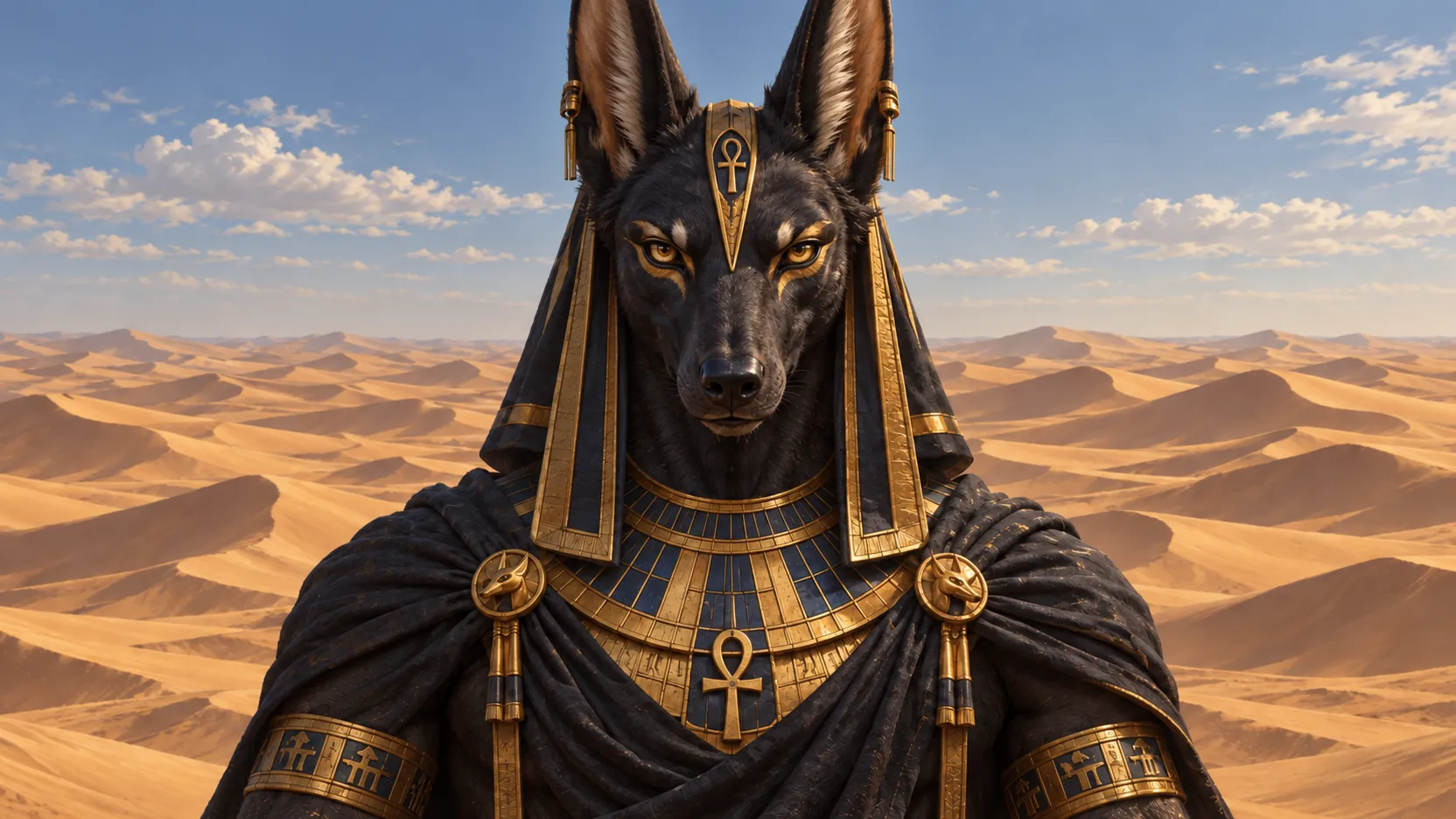 Anubis with a jackal head and a blue-and-gold collar before rolling desert dunes and a lightly clouded sky.