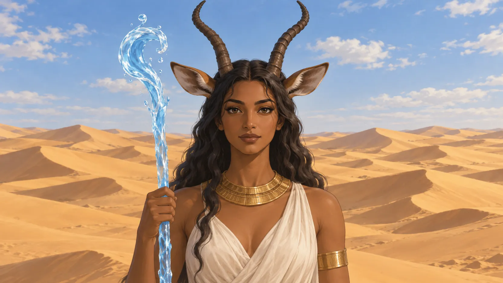 Anuket as a horned young woman holding a water staff, with rolling desert dunes beneath a blue sky.