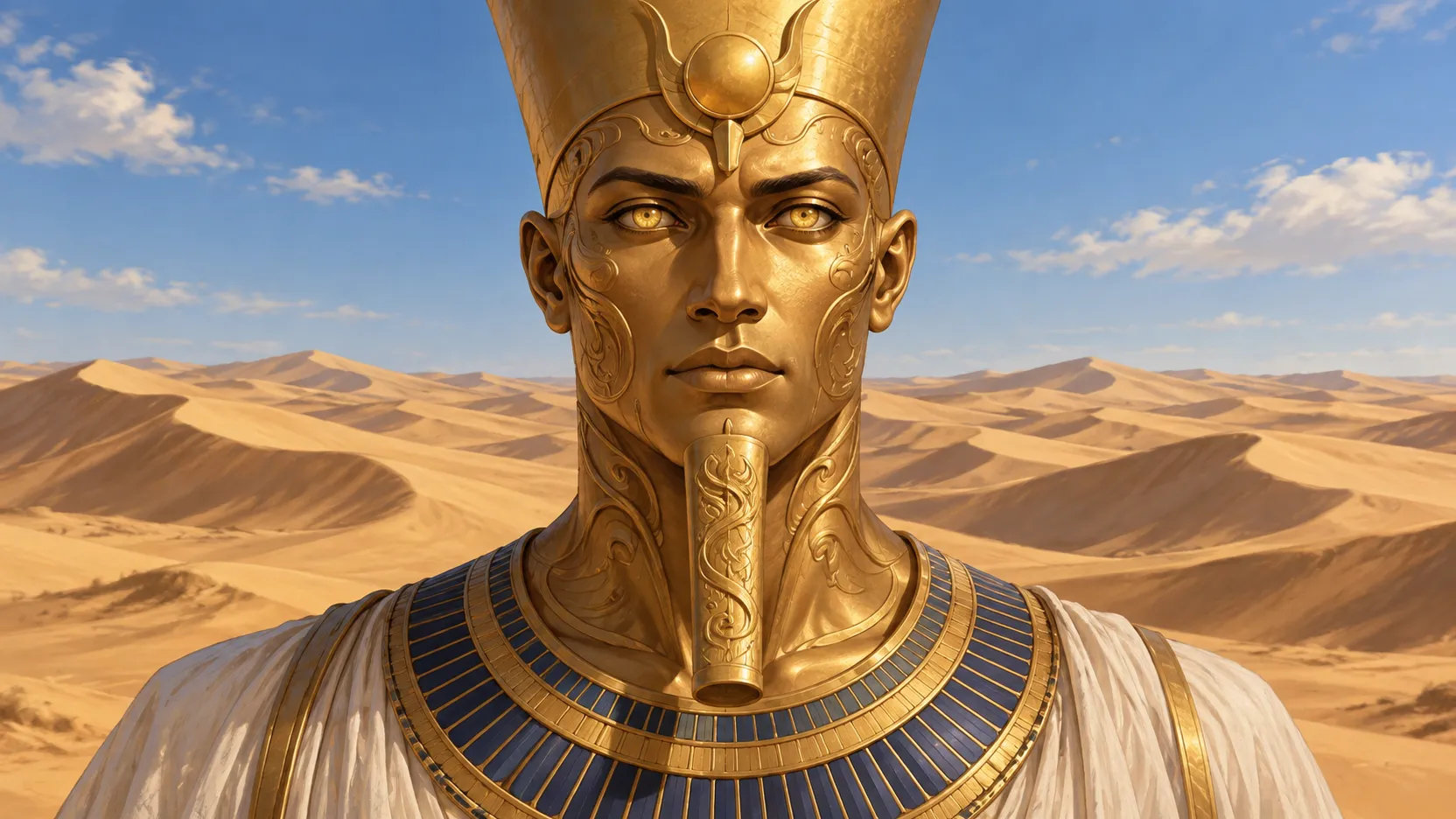 Atum with golden skin, luminous eyes, flowing engravings, a gold crown and ceremonial beard before desert dunes.