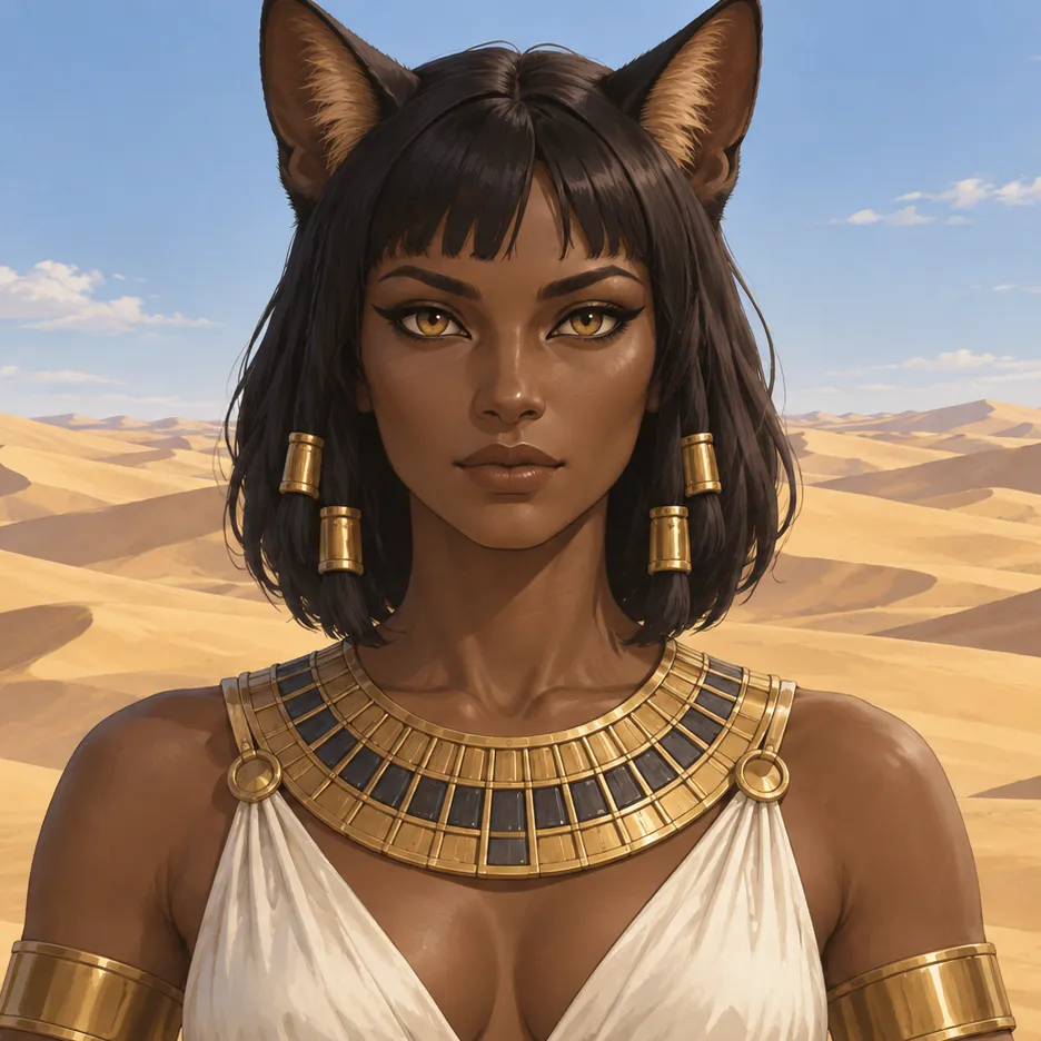 Bastet portrayed as a woman with cat ears, dark hair, and a gold collar before desert dunes.