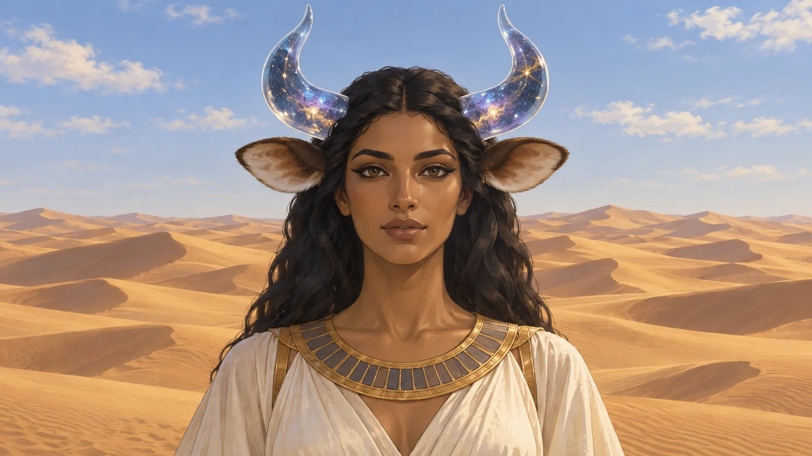 Wide portrait of Bat with cow ears and transparent cosmic horns, surrounded by rolling desert dunes.
