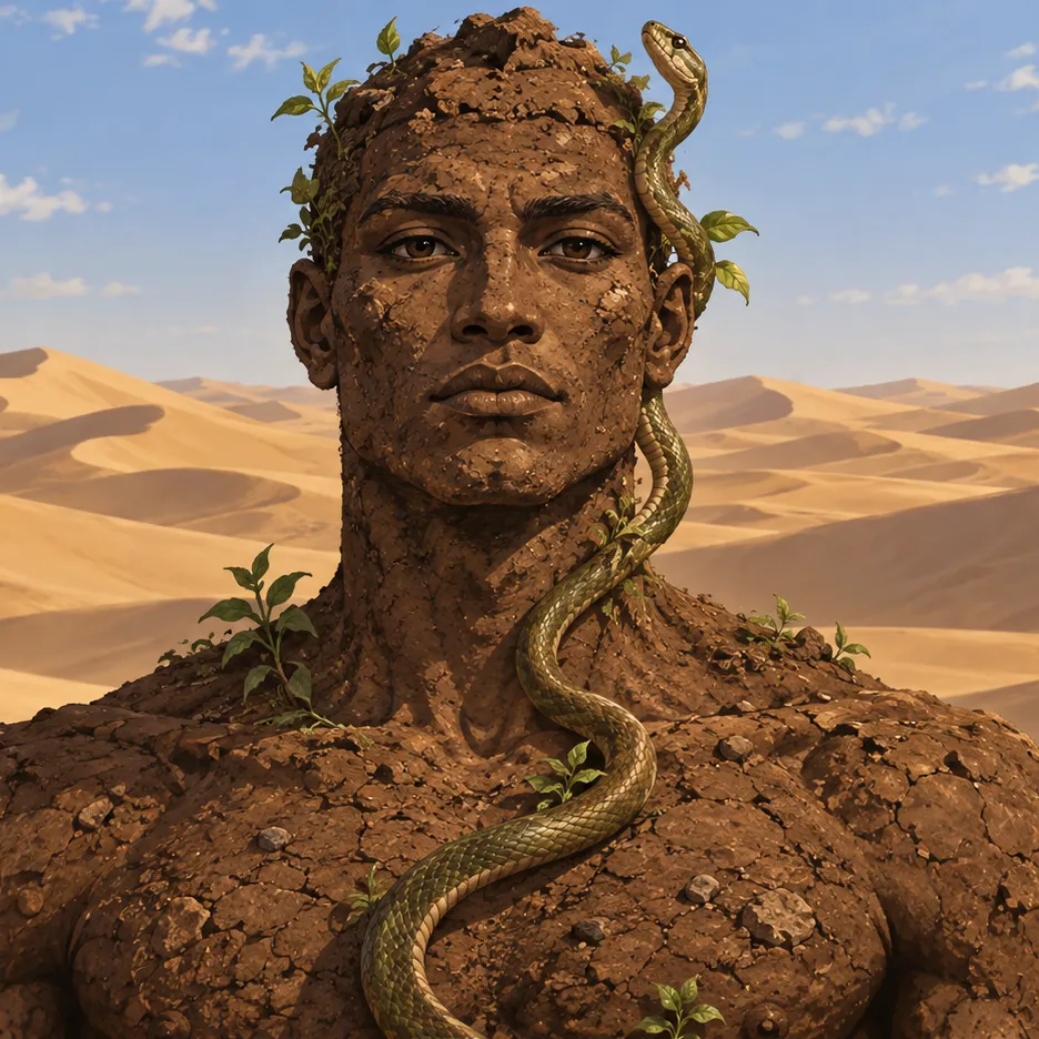 Geb with an earth-textured face and torso, scattered green plants, and a snake winding upward, before desert dunes.