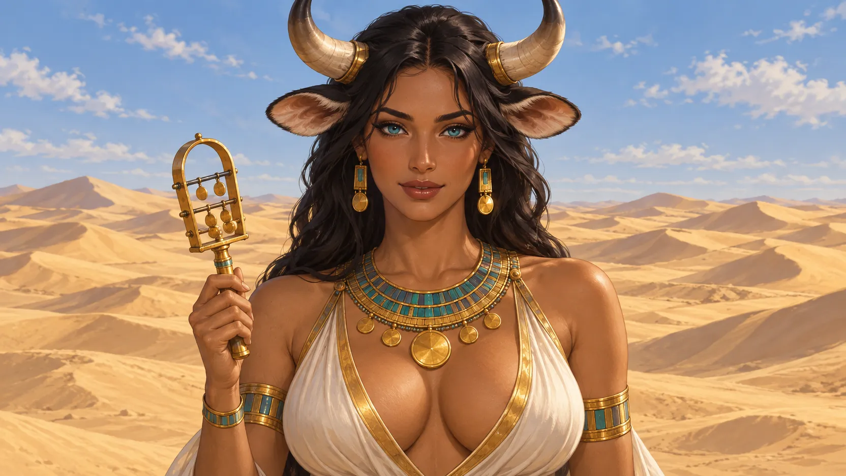 Hathor holds a sistrum before sunlit desert dunes, wearing a broad necklace, with cow ears, horns and turquoise eyes.