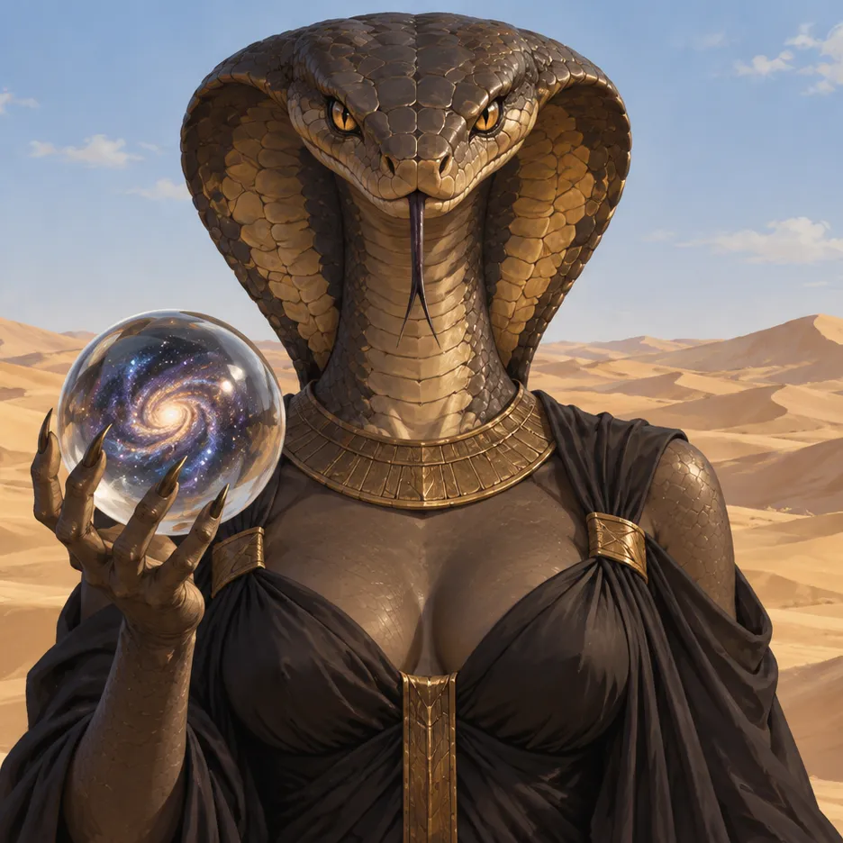 Snake-headed Hauhet in dark robes holds a glass sphere containing a galaxy.