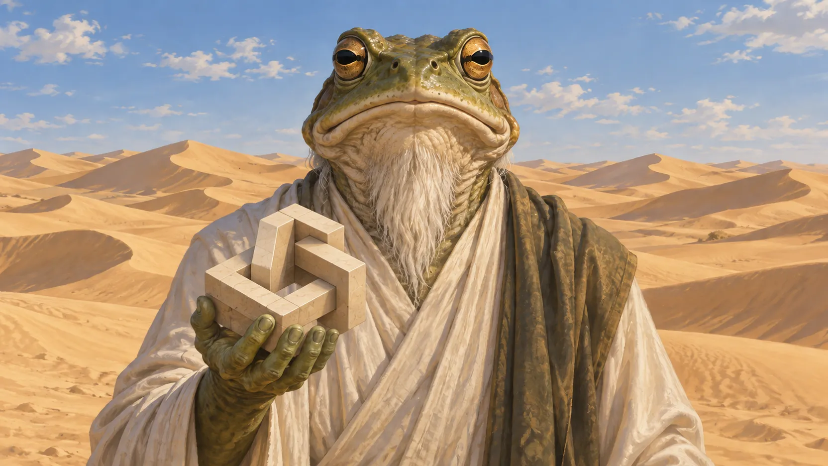 Wide portrait of frog-headed Heh in pale robes, holding a pale geometric sculpture amid sunlit rolling dunes.