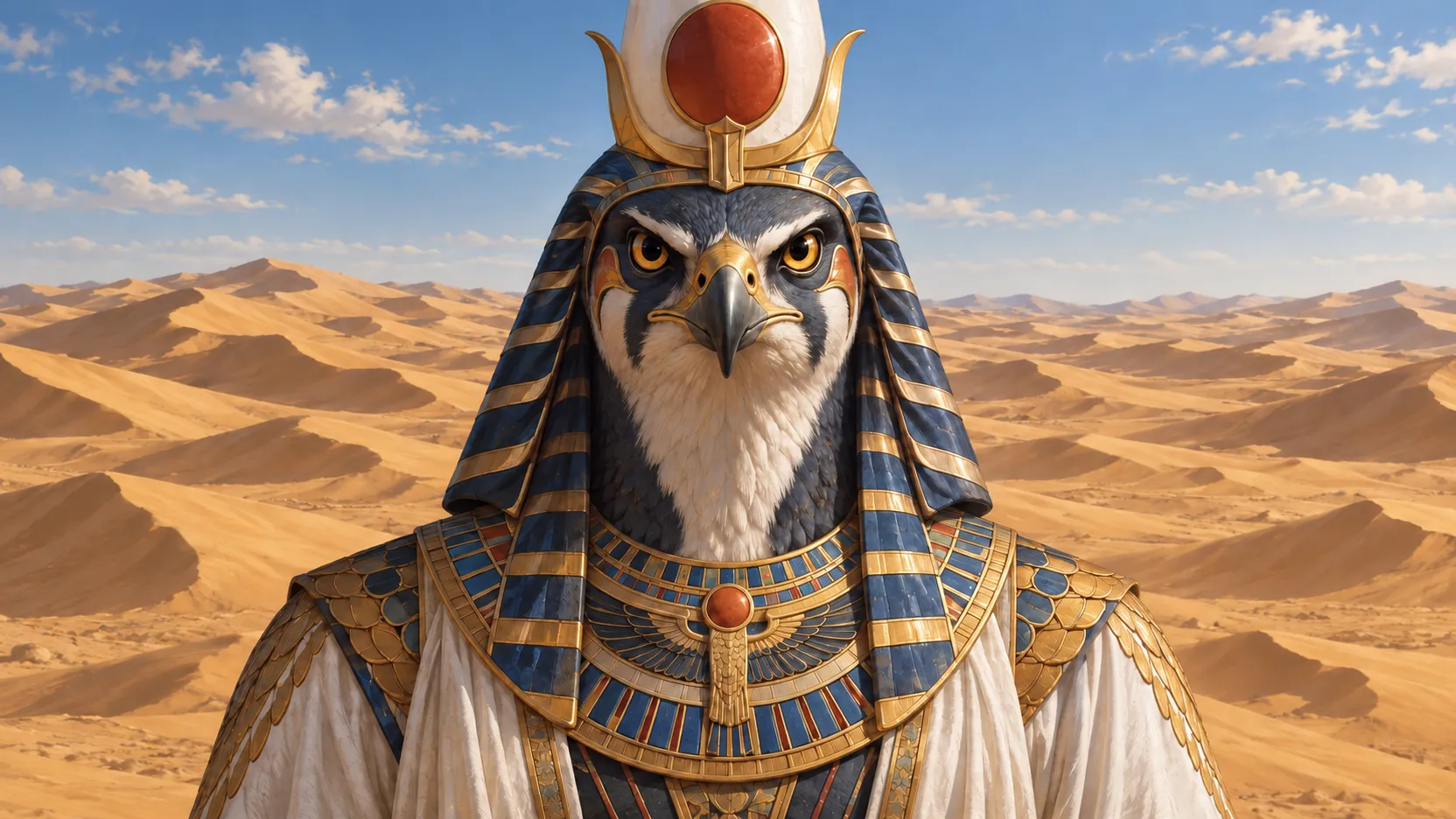 Falcon-headed Horus in blue-and-gold clothing before rolling desert dunes and a lightly clouded sky.