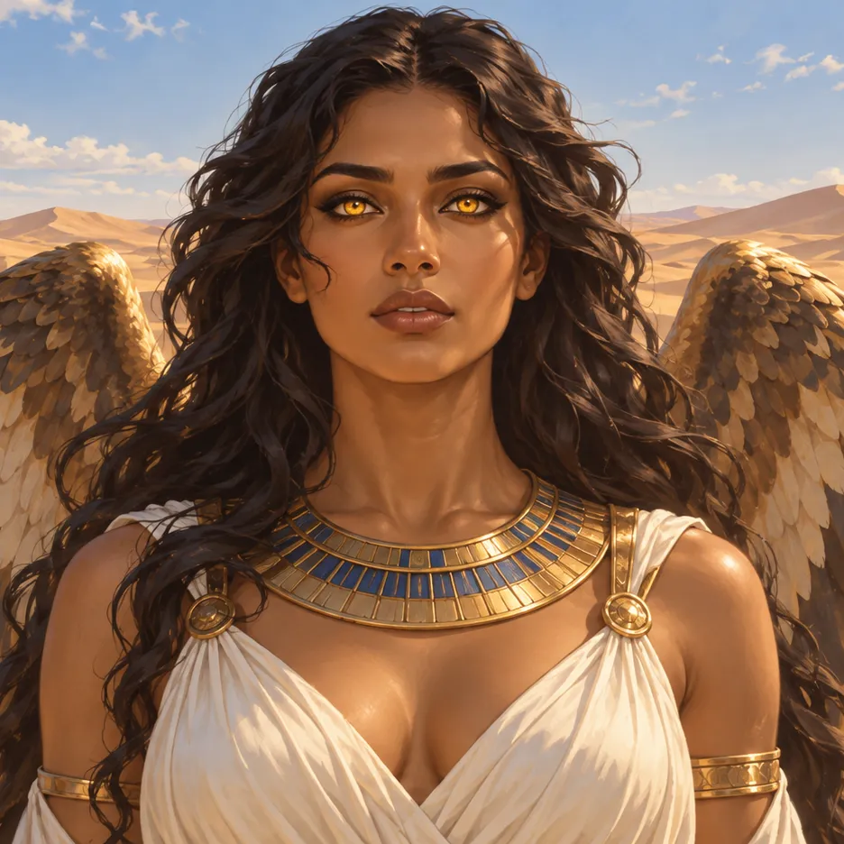Imentet with long dark hair, glowing golden eyes and feathered wings behind her shoulders.
