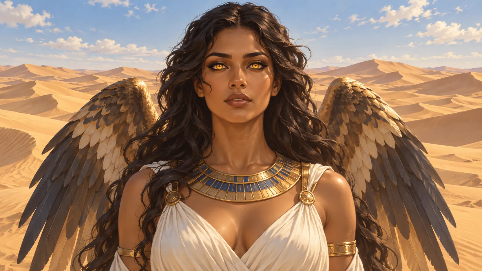 Imentet with dark hair, golden eyes and falcon wings before rolling desert dunes in daylight.