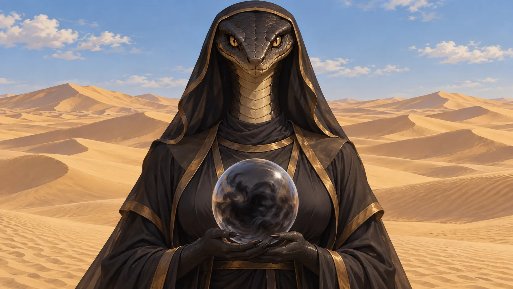 Kauket with a snake head and dark robes holds a glass sphere containing darkness, framed by sunlit desert dunes.
