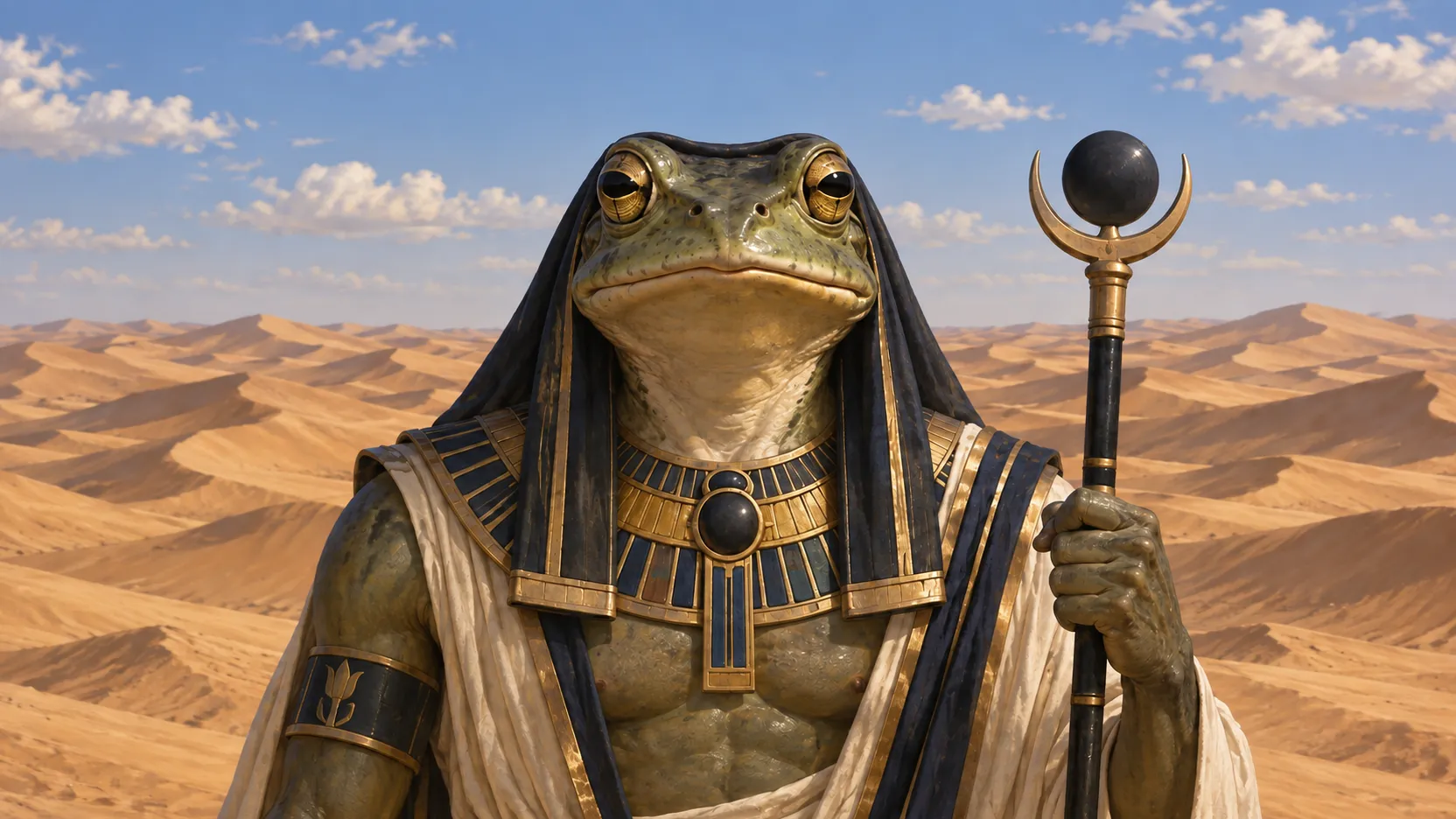 Frog-headed Kek holding a staff with a dark orb, before desert dunes under a lightly clouded sky.