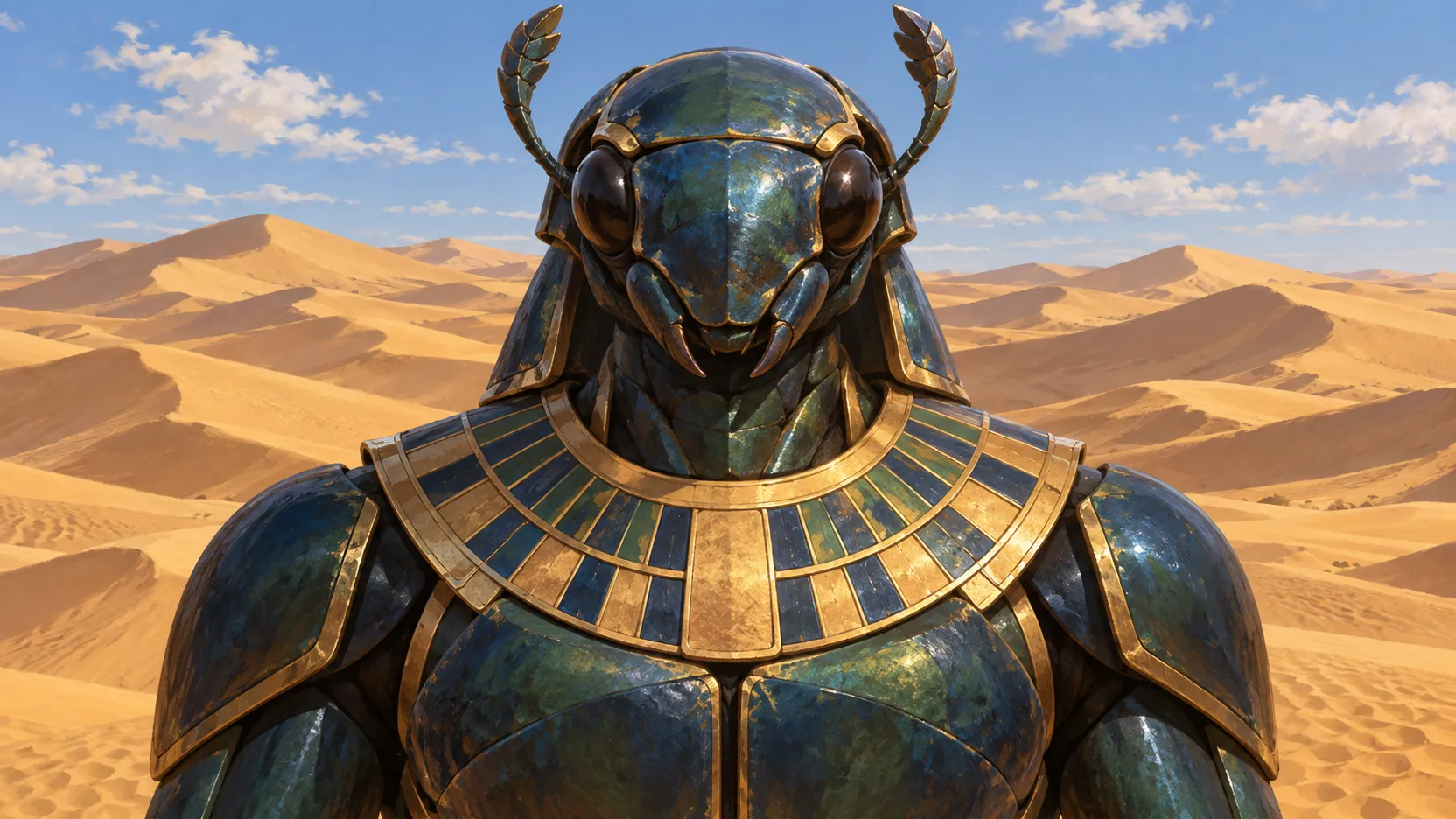 Frontal portrait of anthropomorphic scarab Khepri against rolling sand dunes beneath a blue, lightly clouded sky.