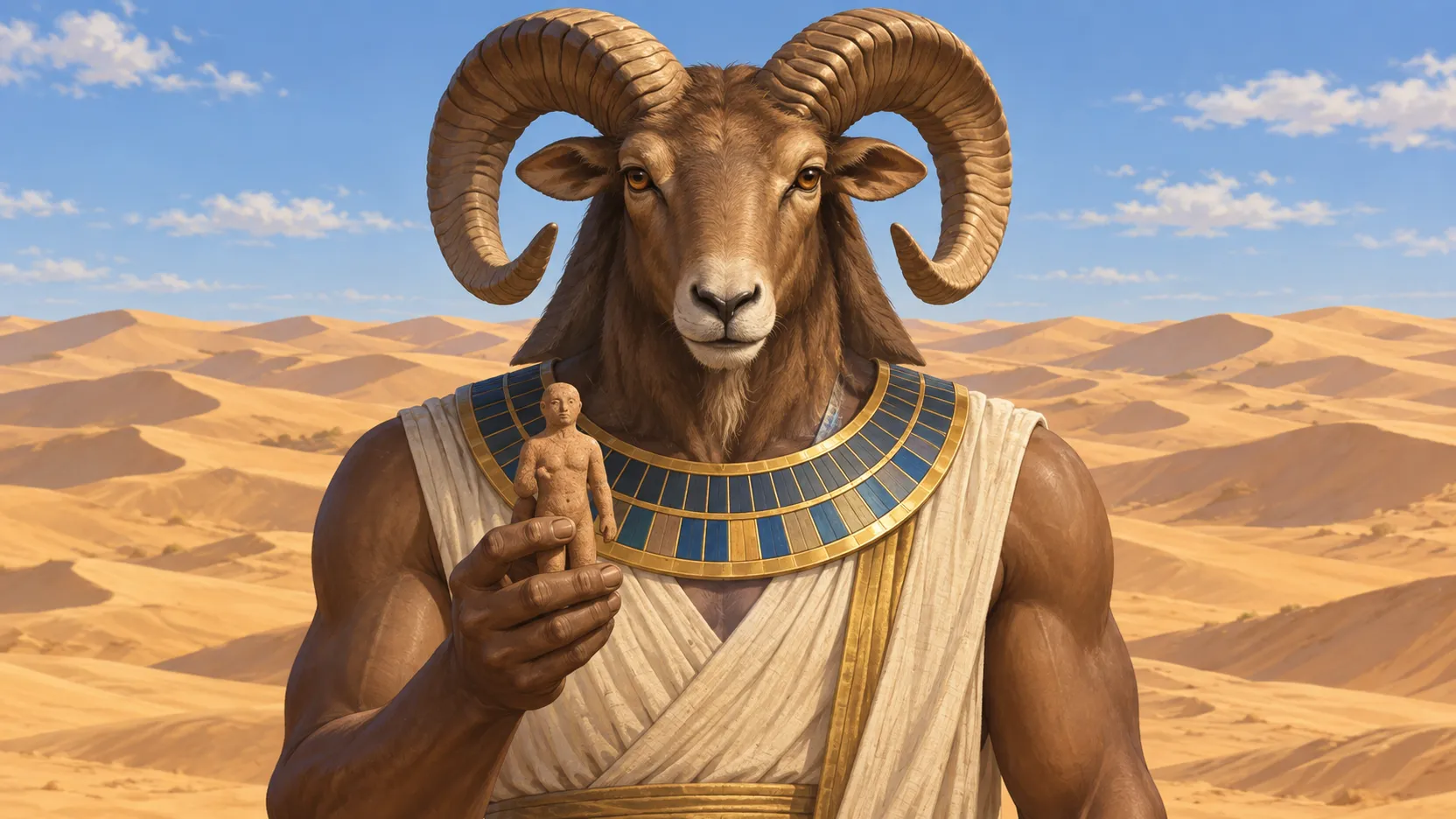 Khnum with a ram head holding a small clay figure, with rolling desert dunes under a blue sky.