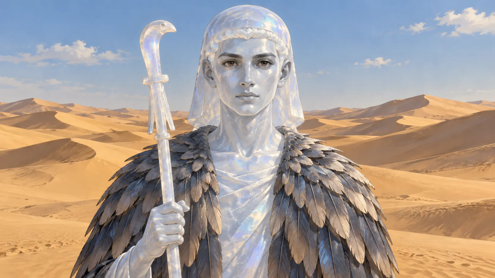 Khonsu faces forward with luminous pale stone features, a was-scepter and a dark feather cloak, surrounded by a wide landscape of sunlit dunes.