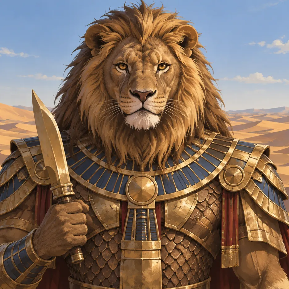 Maahes with a lion head and mane, wearing decorated armor and holding a knife before desert dunes.