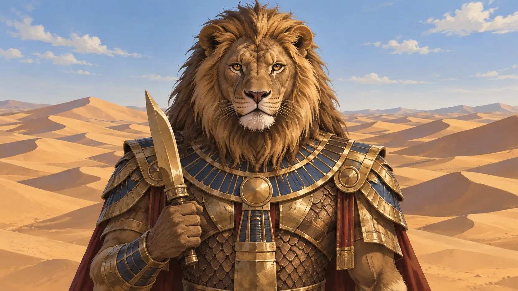 Wide portrait of lion-headed Maahes in decorated armor, holding a knife amid sunlit desert dunes beneath a blue sky.