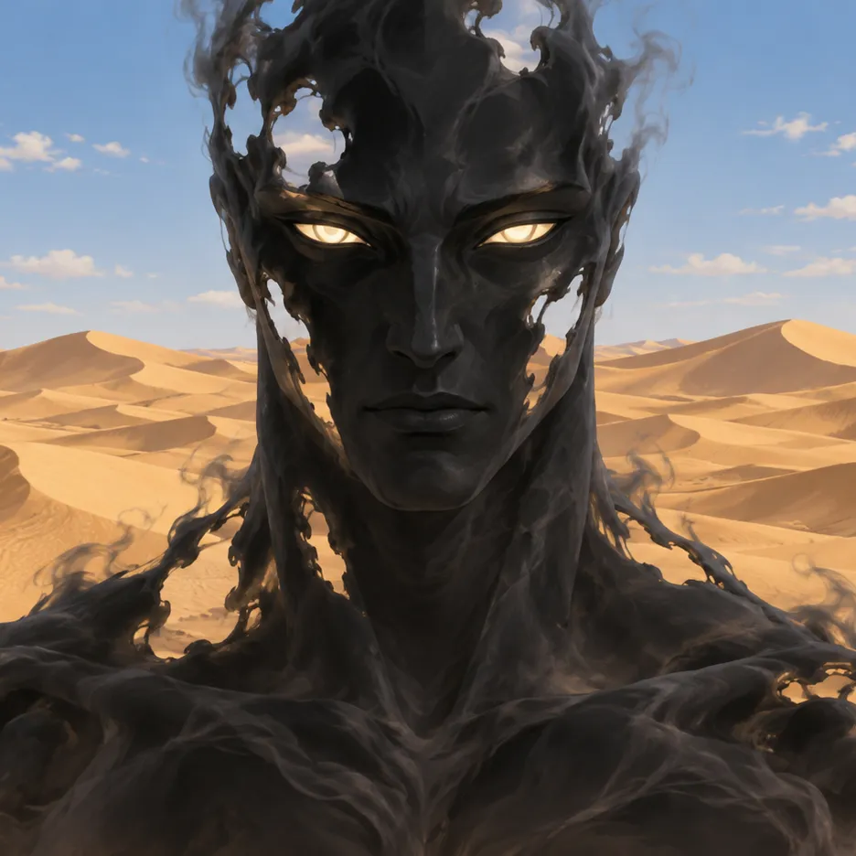 Medjed as a dark, partially transparent figure with luminous eyes before sunlit desert dunes.