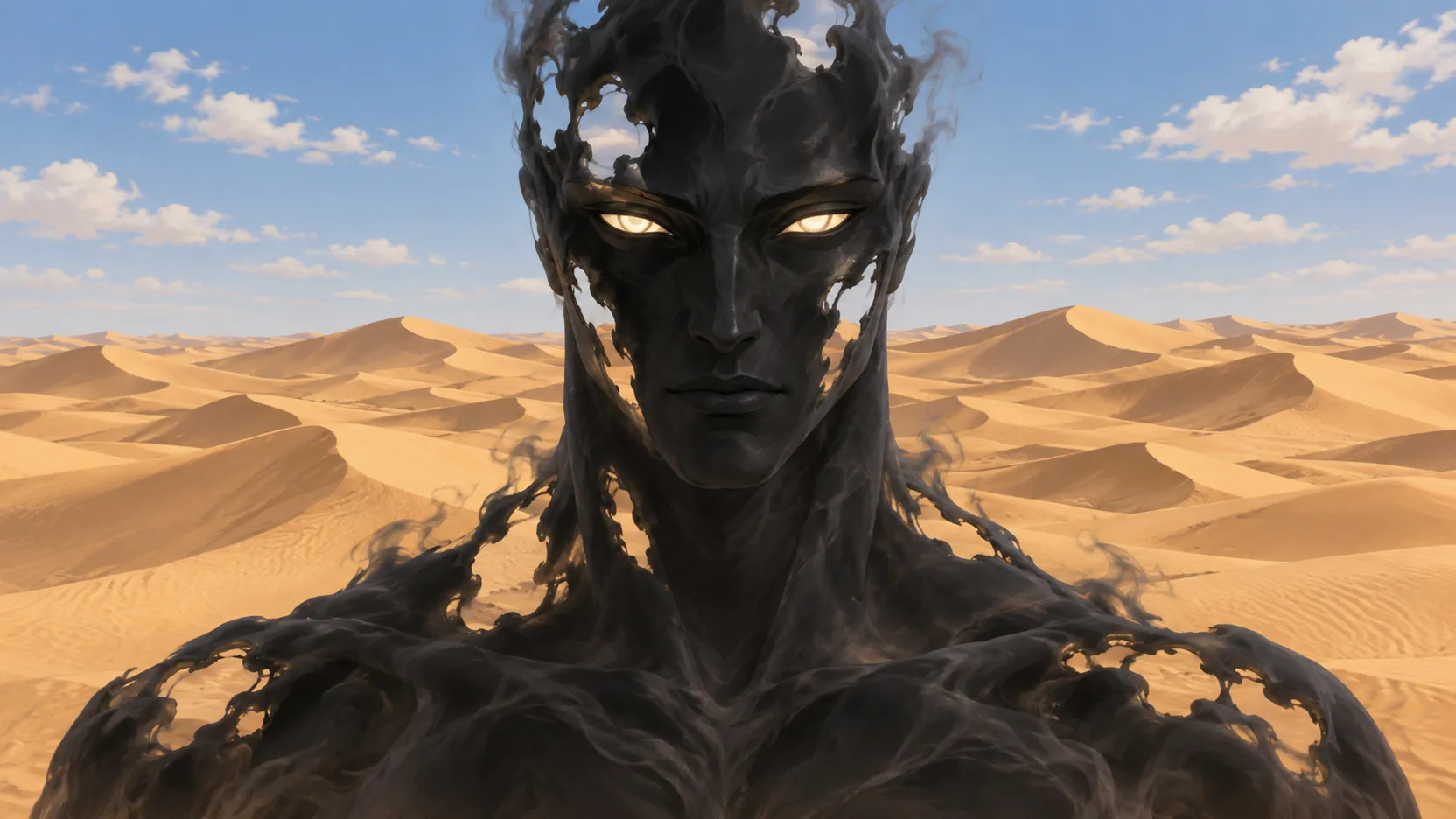 A dark Medjed with luminous eyes and openings through his face and shoulders, against desert dunes and blue sky.