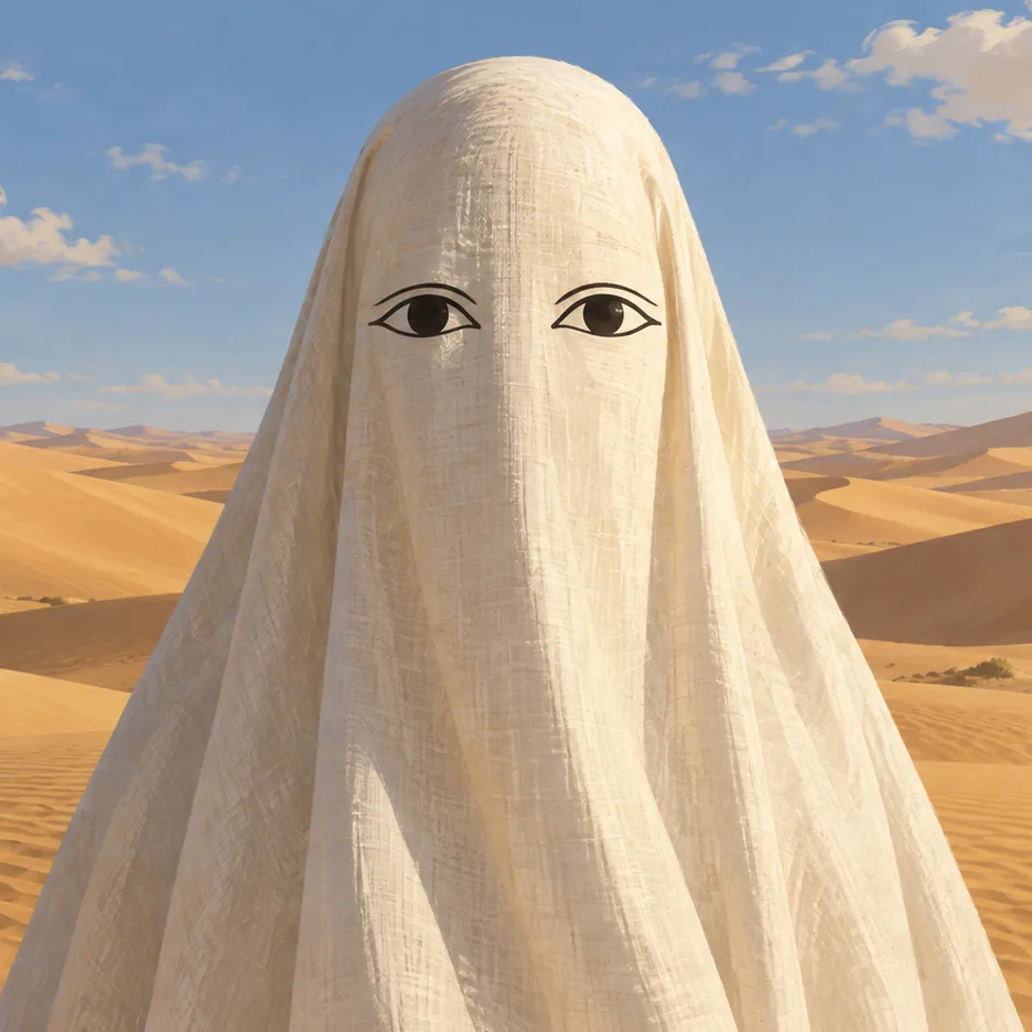 Medjed beneath an ivory linen shroud with two dark eyes, against sunlit desert dunes.