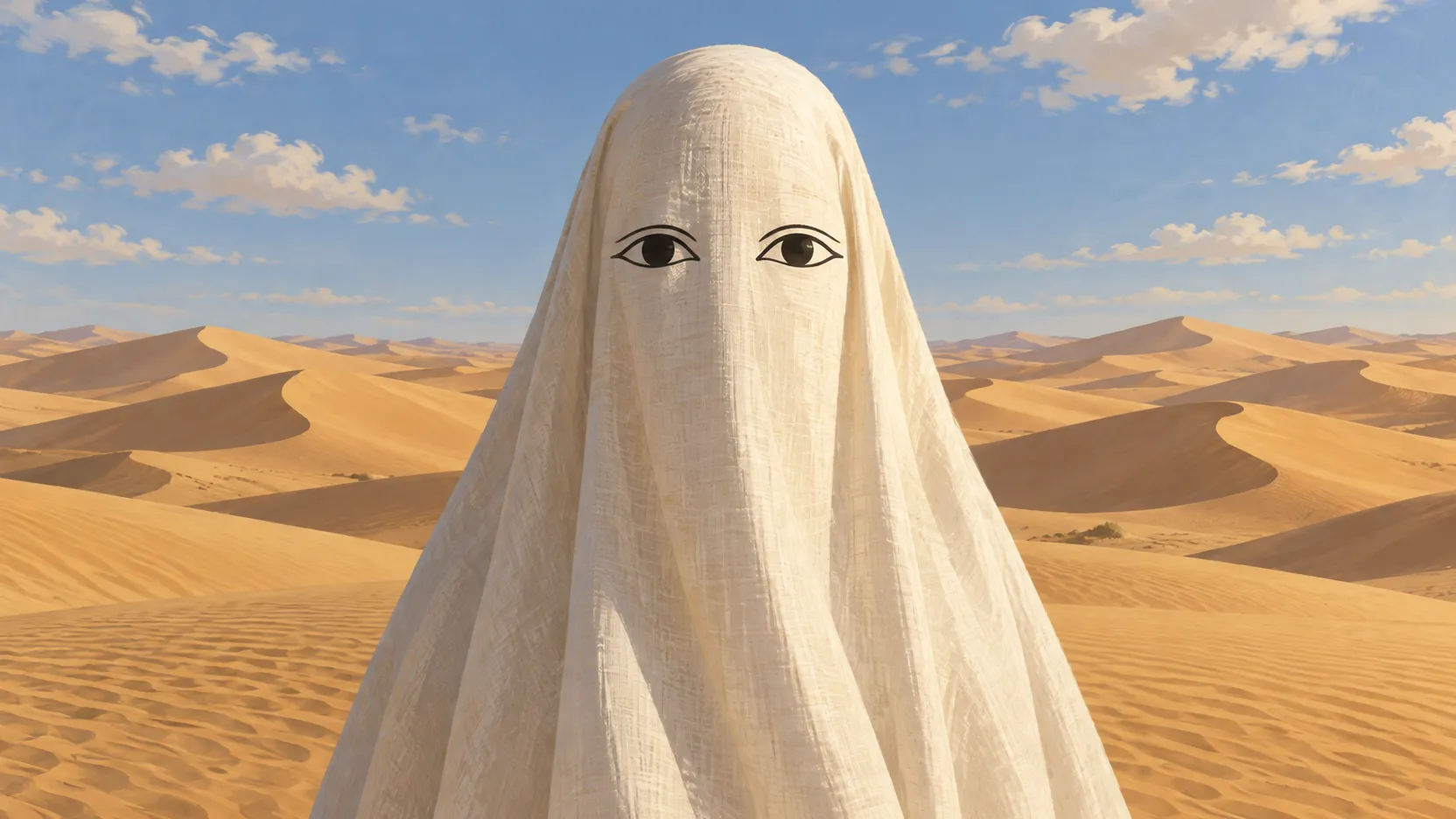 A shrouded Medjed faces forward among rolling desert dunes beneath a blue sky.