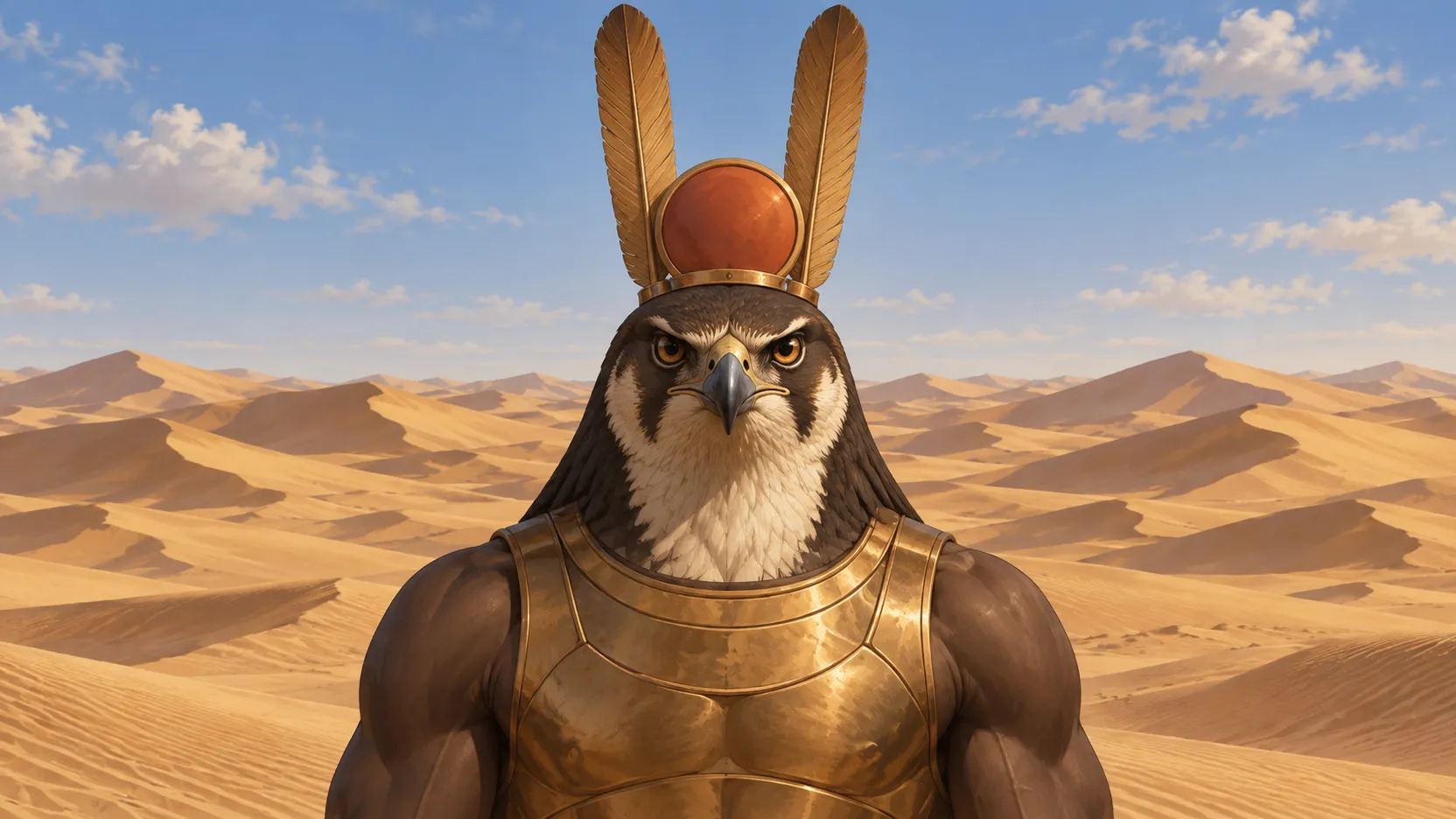 Falcon-headed Montu with a plumed solar headdress and bronze-colored breastplate before rolling desert dunes.