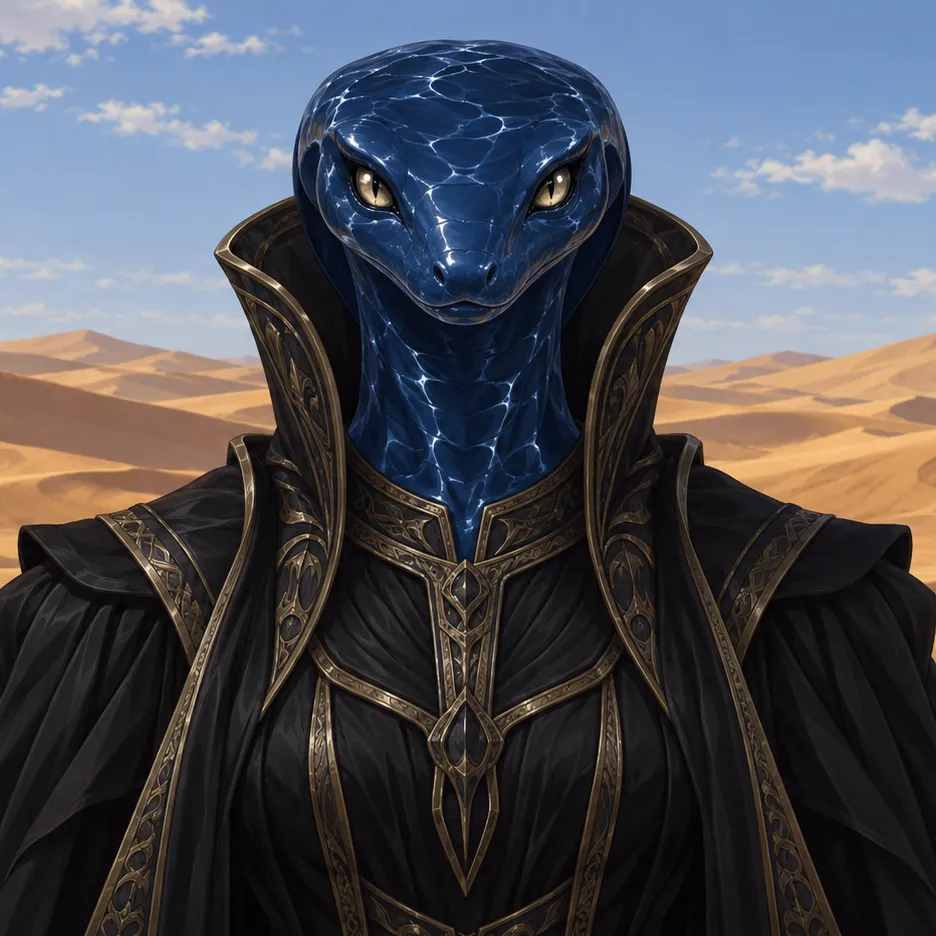Naunet with a dark blue watery snake head, wearing a black high-collared robe with metallic trim.