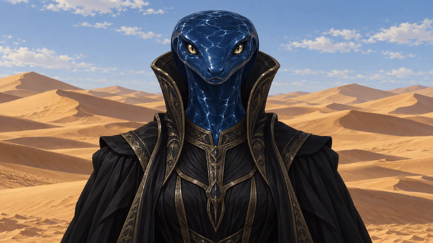Naunet in a black high-collared robe, her snake head formed of dark blue water, against sunlit desert dunes.