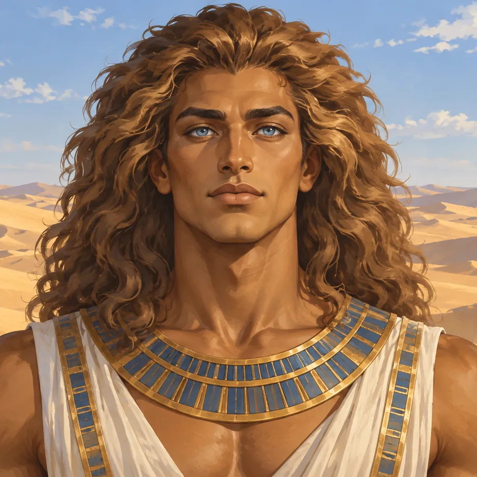 Nefertem with light blue eyes and long, mane-like hair, wearing a blue and gold collar before desert dunes.
