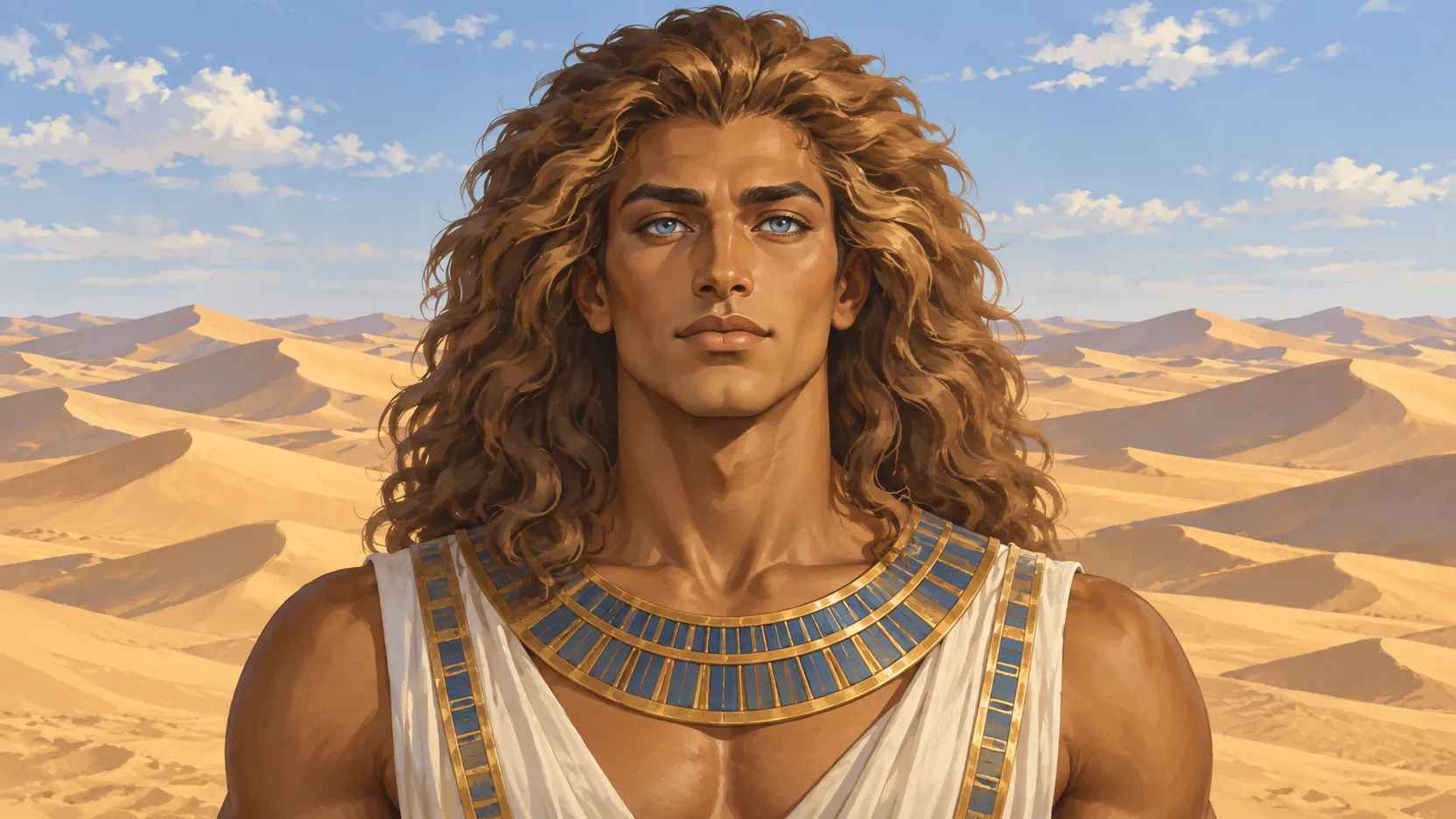 Portrait of Nefertem with light blue eyes and mane-like hair, framed by rolling desert dunes in daylight.