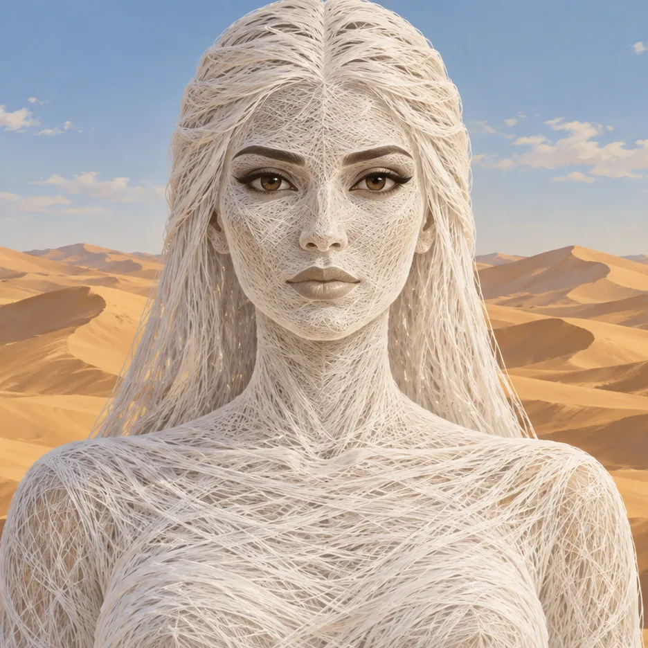Portrait of Neith formed from fine white threads, with desert dunes behind her.