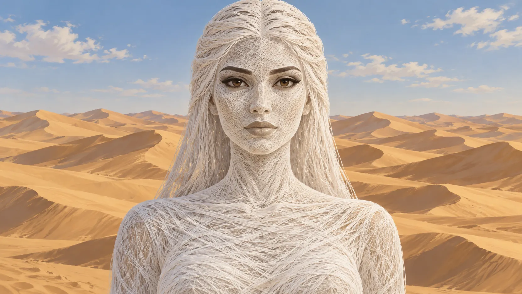 Neith formed from white threads, centered before rolling desert dunes beneath a blue sky.