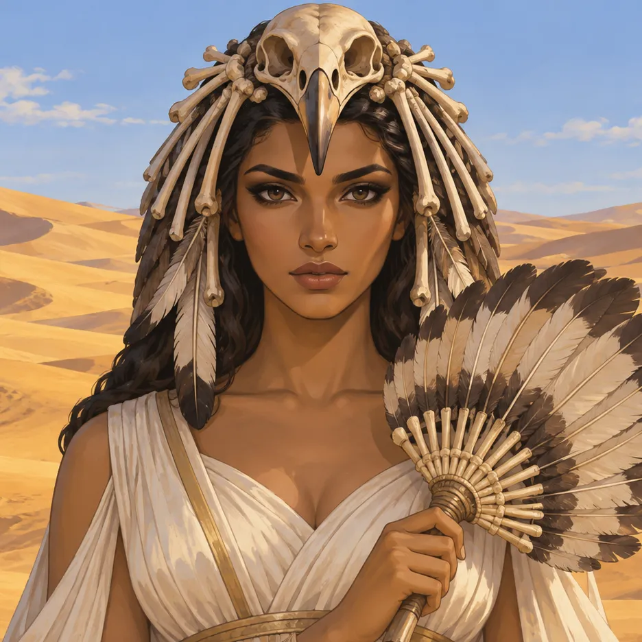 Portrait of Nekhbet wearing a bone and vulture-skull headdress and holding a feather fan.