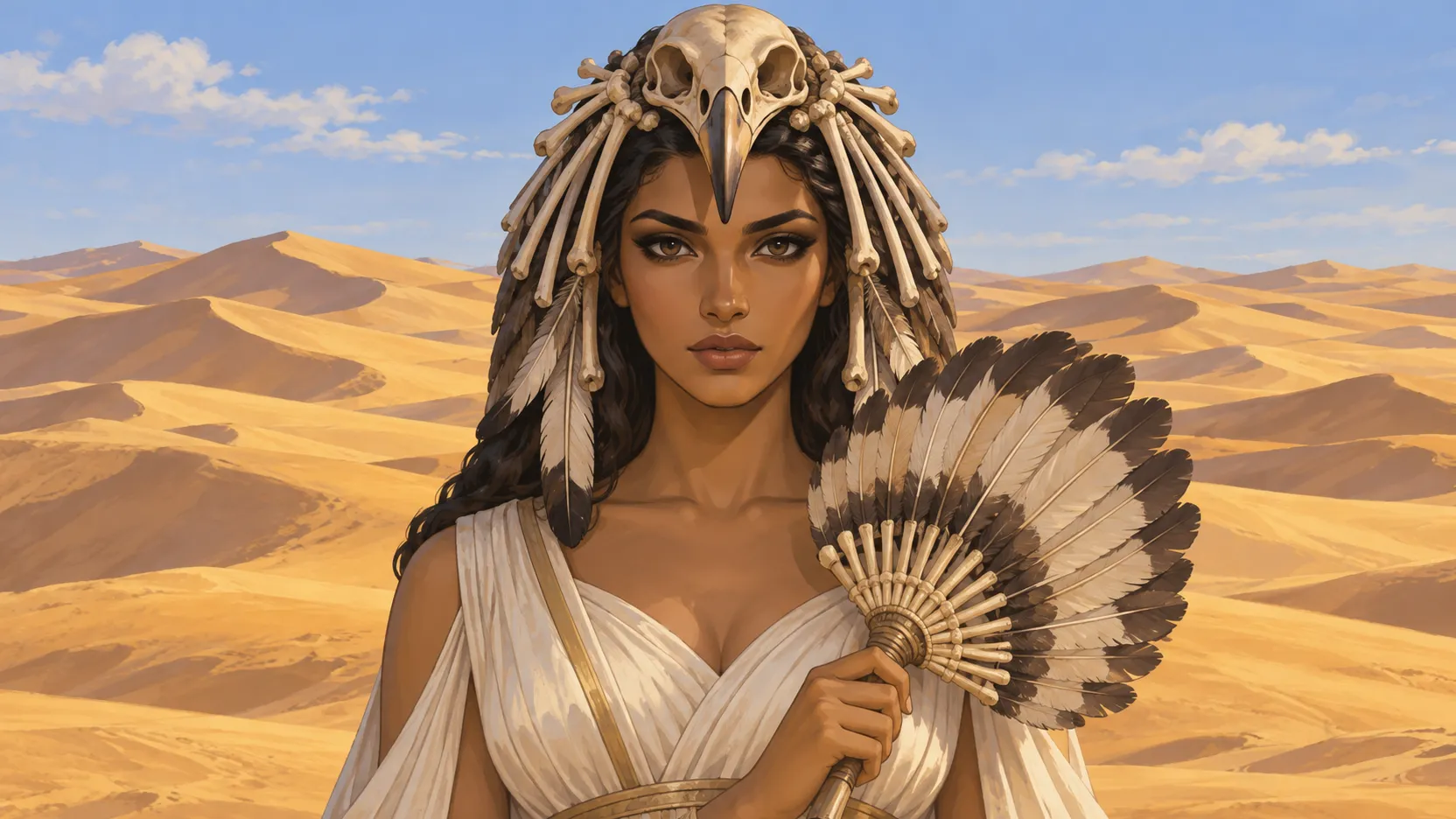 Nekhbet as a young woman with a bone and vulture-skull headdress and feather fan, before sunlit desert dunes.