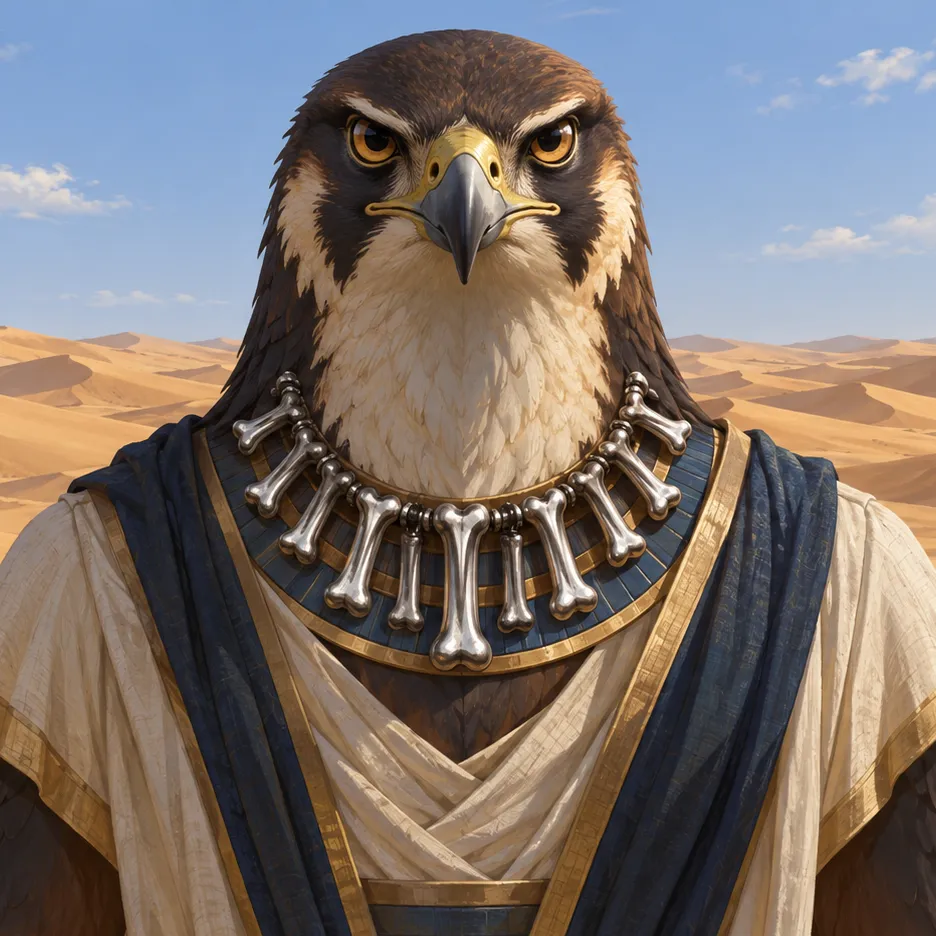 Nemty with a falcon head and a necklace of silver bones, shown before desert dunes.