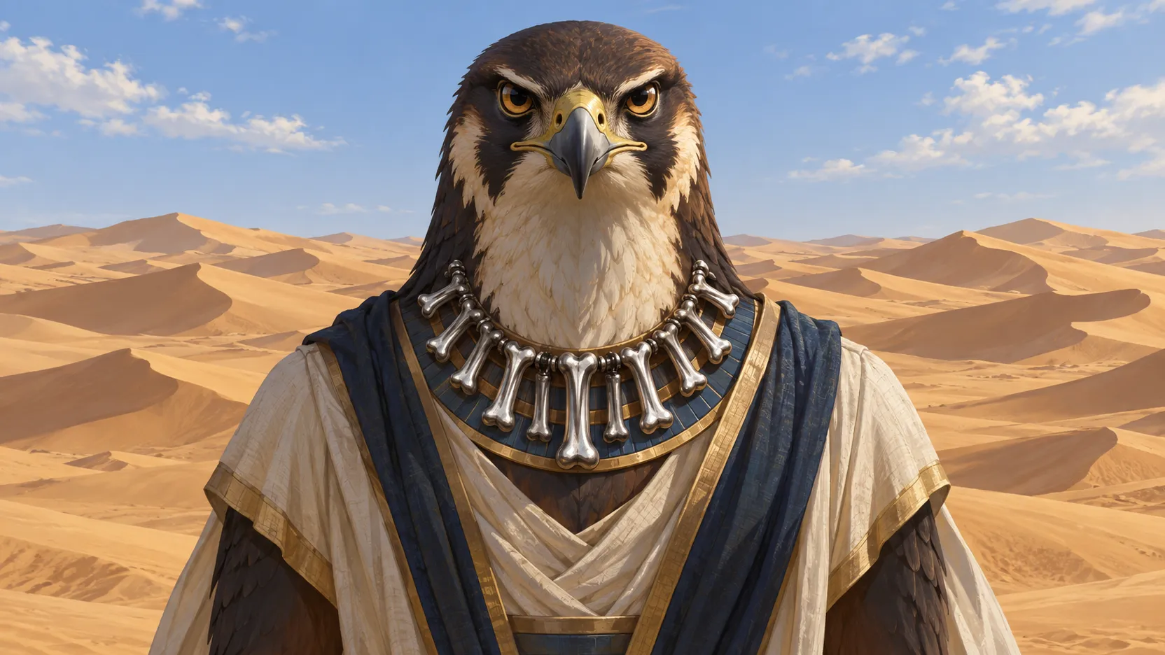 Wide portrait of falcon-headed Nemty wearing a silver bone necklace, with desert dunes extending behind him.