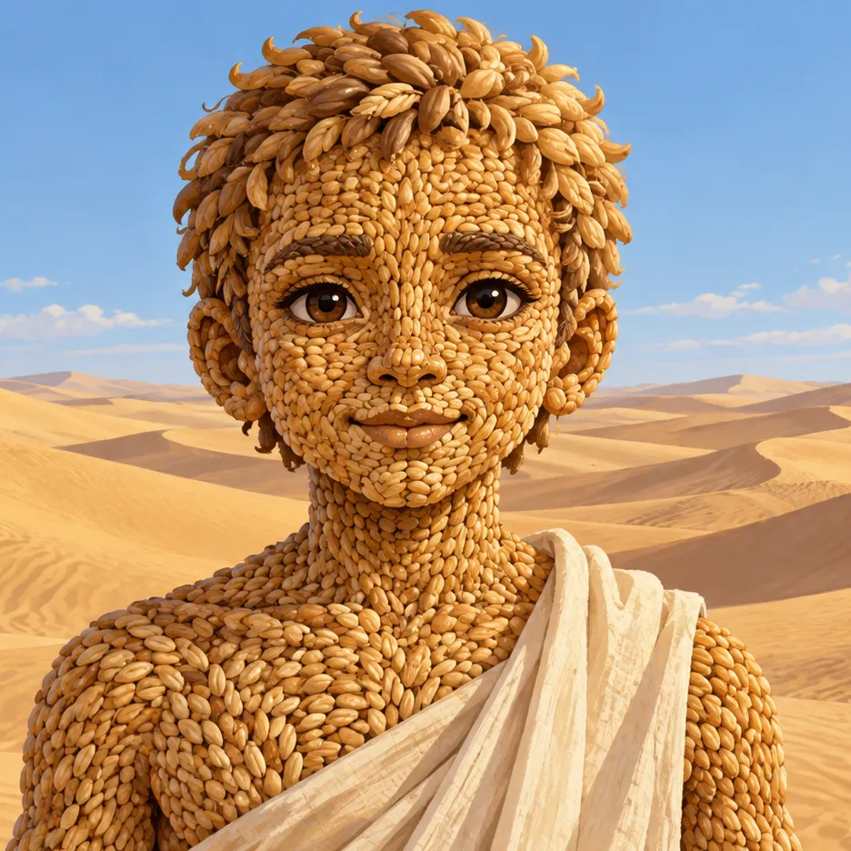 Neper as a child formed from golden grain, wearing pale cloth before desert dunes.