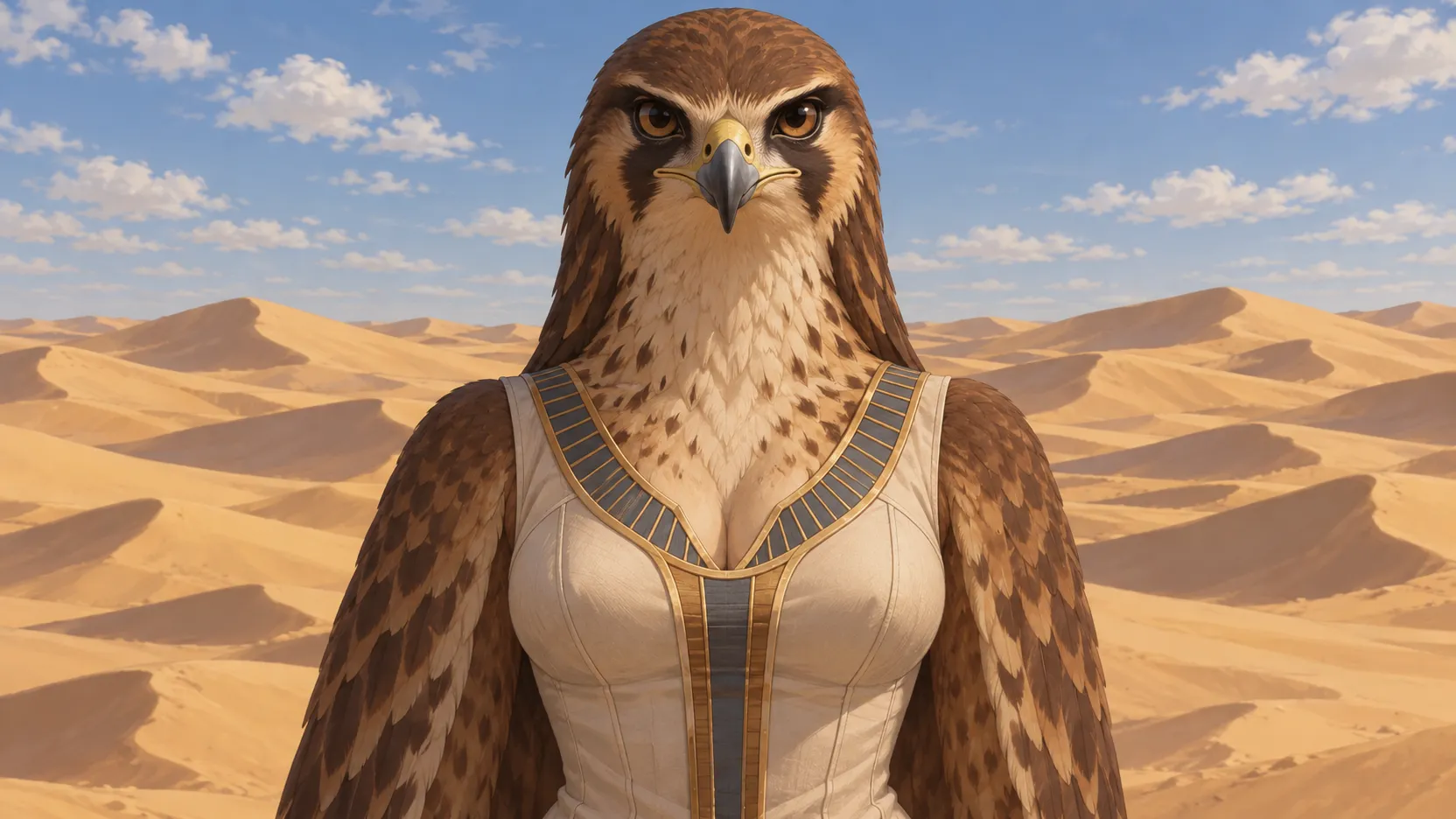 Wide portrait of bird-headed Nephthys in a tailored cream dress, with brown feathers and rolling desert dunes under a blue sky.